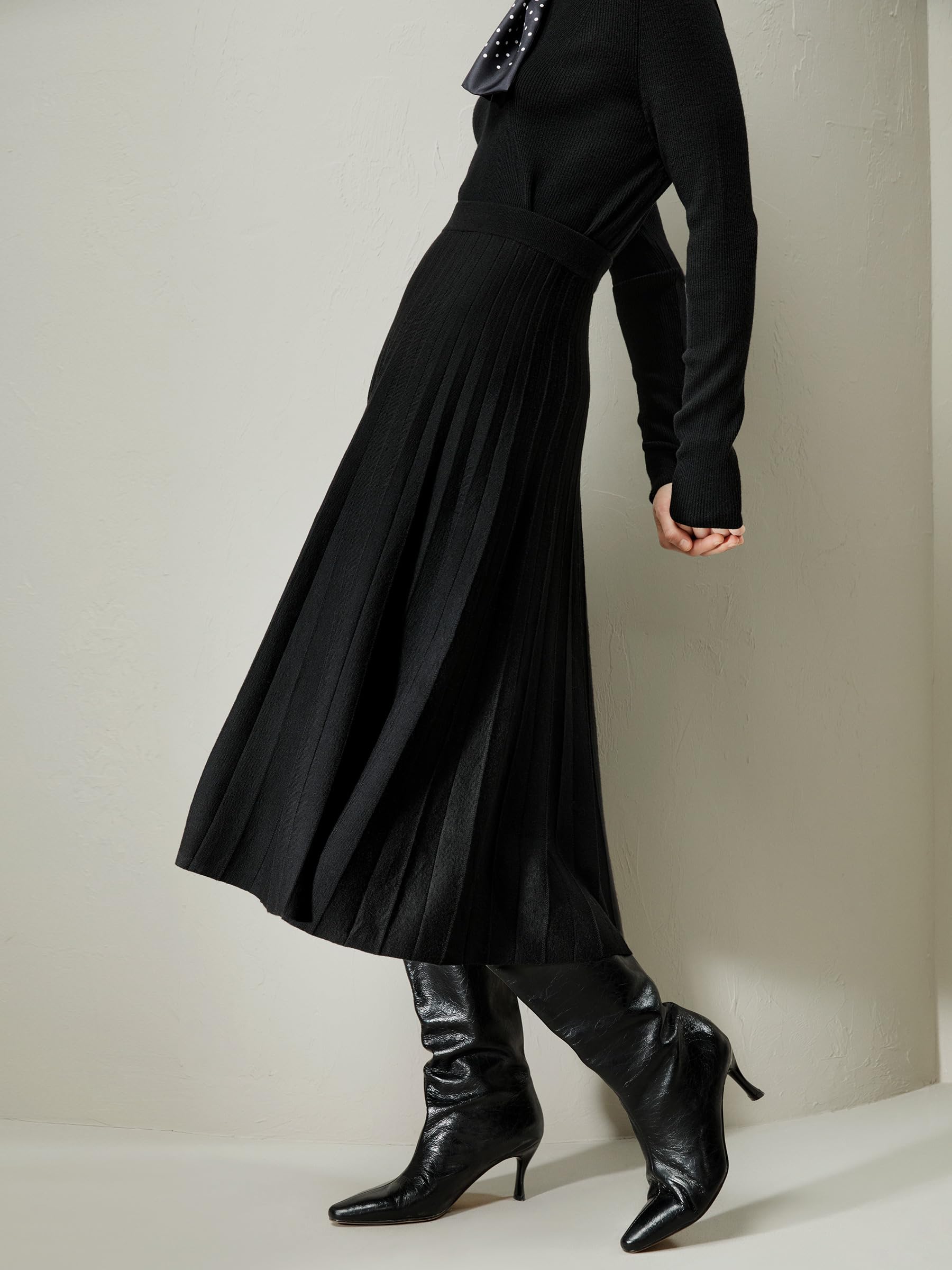 LilySilk 100% Merinowollrock Collegiate Ultrafein für Damen A-Linie Gestrickter Saum Winter Herbst Plissierter Rock Knielänge