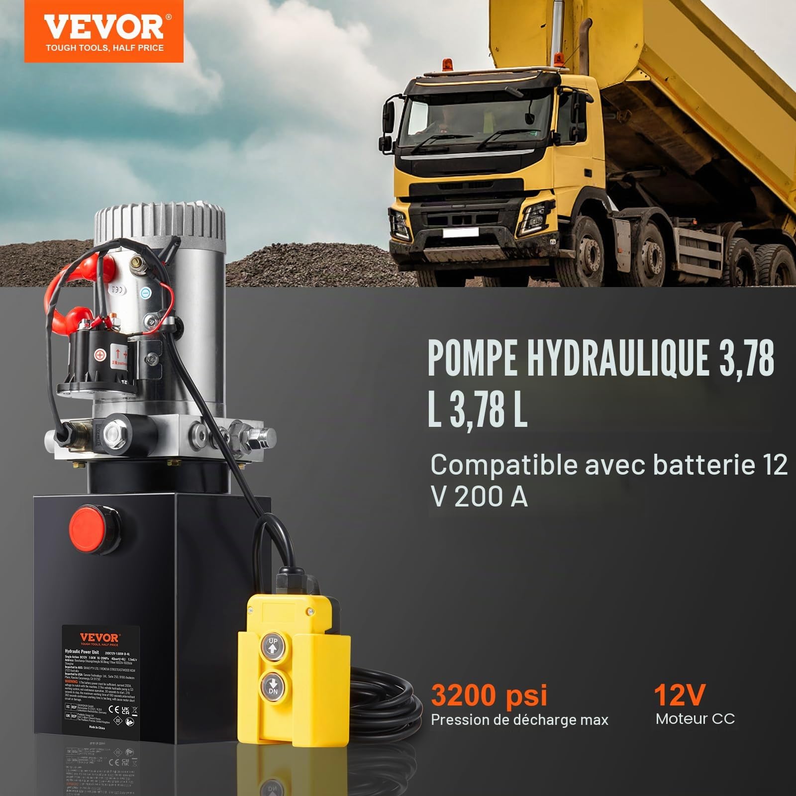VEVOR Pompe Hydraulique DC 12 V 4 L Groupe Hydraulique Simple Effet Débit d'Huile 3,44 L/min Max. Pression de Décharge 22 MPa pour Camion à Benne Basculante Nacelle Élévatrice Remorque Levage Bennage