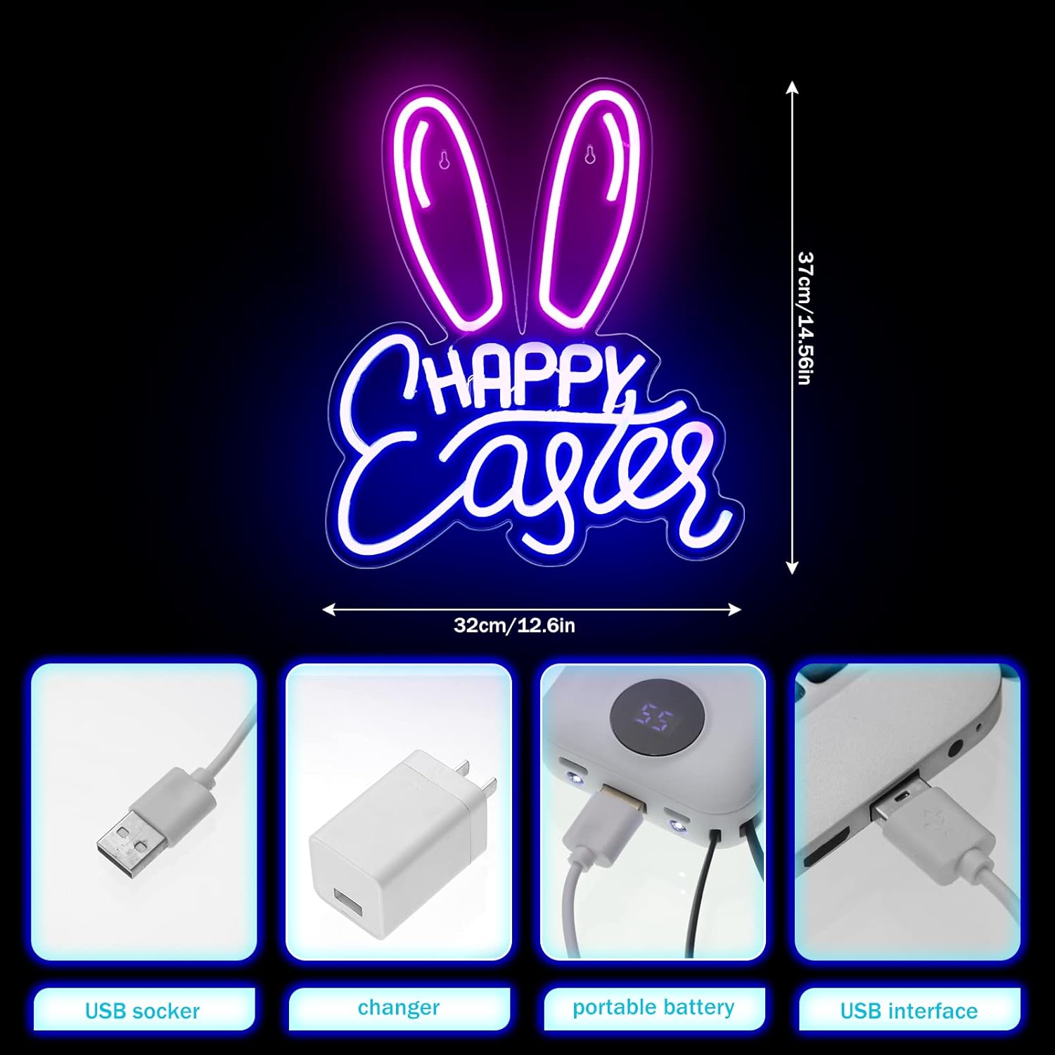 Threan Bunny Ears Neon Signs Easter Rabbit Decorations Light up LED Neon Sign Light USB Wall Bar Living Room Decor for Spring Decor Party Home Bedroom Office Table Art Gifts, 14.57 x 12.6 Inch