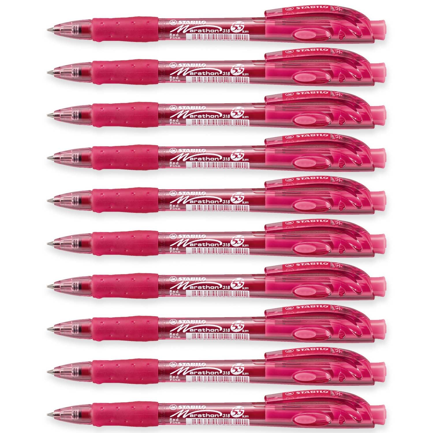STABILO marathon - Retractable Ballpoint Pen - Fine 0.7mm Nib Pens - Pack of 10 (Red), 1 count (Pack of 10)