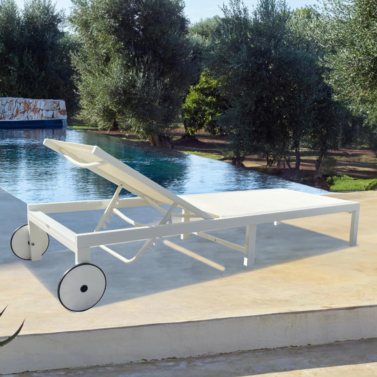 MOMMA HOME Tumbona Jardin Exterior - Reclinable 5 Posiciones, para Piscina y jardín, Ruedas de Aluminio, Textilene Tumbona Plegable, 196x65x30,5/83 cm (Blanco)