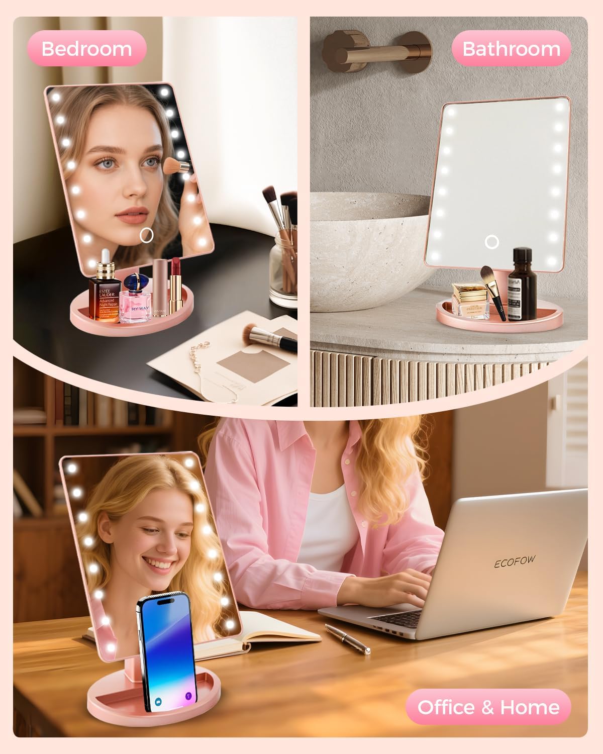 Lighted Makeup Mirror with Lights, Vanity Mirror with Lights, 16 LEDS Dimmable Desk Mirror with Light, Dual Power Supply, Gifts for Teenage Girls, Dorm Room Essentials for College Student (Rose Gold) - Image 5