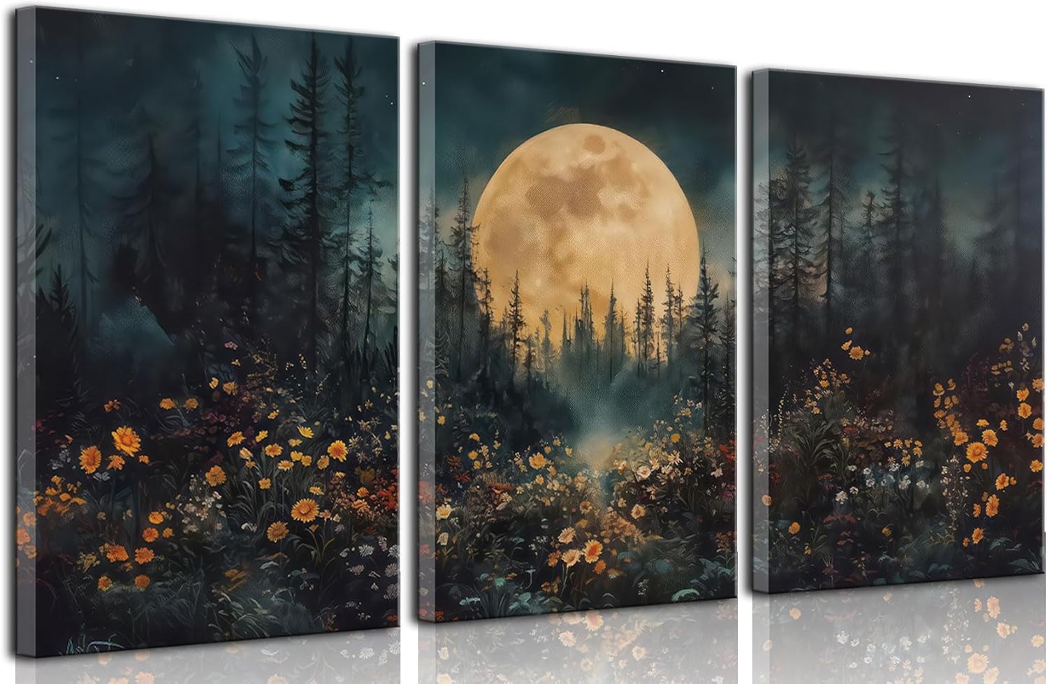 3Pcs Full Moon Forest Canvas Wall Art Nature Landscape Wildflower Wall Decor Pictures Moody Dark Academia Forest Posters Prints for Gallery Bedroom Living Room Home Decoration 16x24in