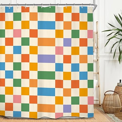 Miniatura 18 de Miyotaa Juego de cortina de ducha retro a cuadros de 60 pulgadas de ancho x 71 pulgadas de alto, 70, colorido, estético, moderno, pastel, Y2K,