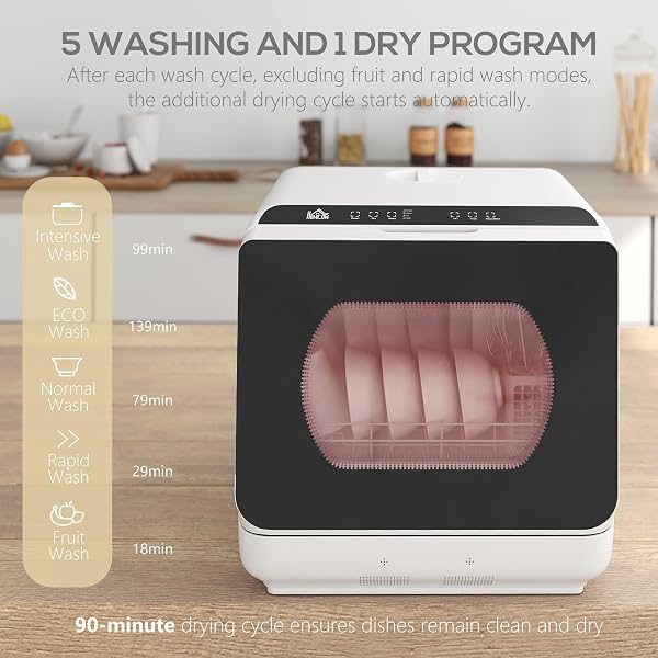 HOMCOM Table Top Dishwasher, Mini Countertop Dishwasher No Plumbing with Built-in 6L Water Tank, 6 Programs, Touch Control, LED Display, 4 Place Settings, Dual Water Supply and Fruit Wash, Black White - 4