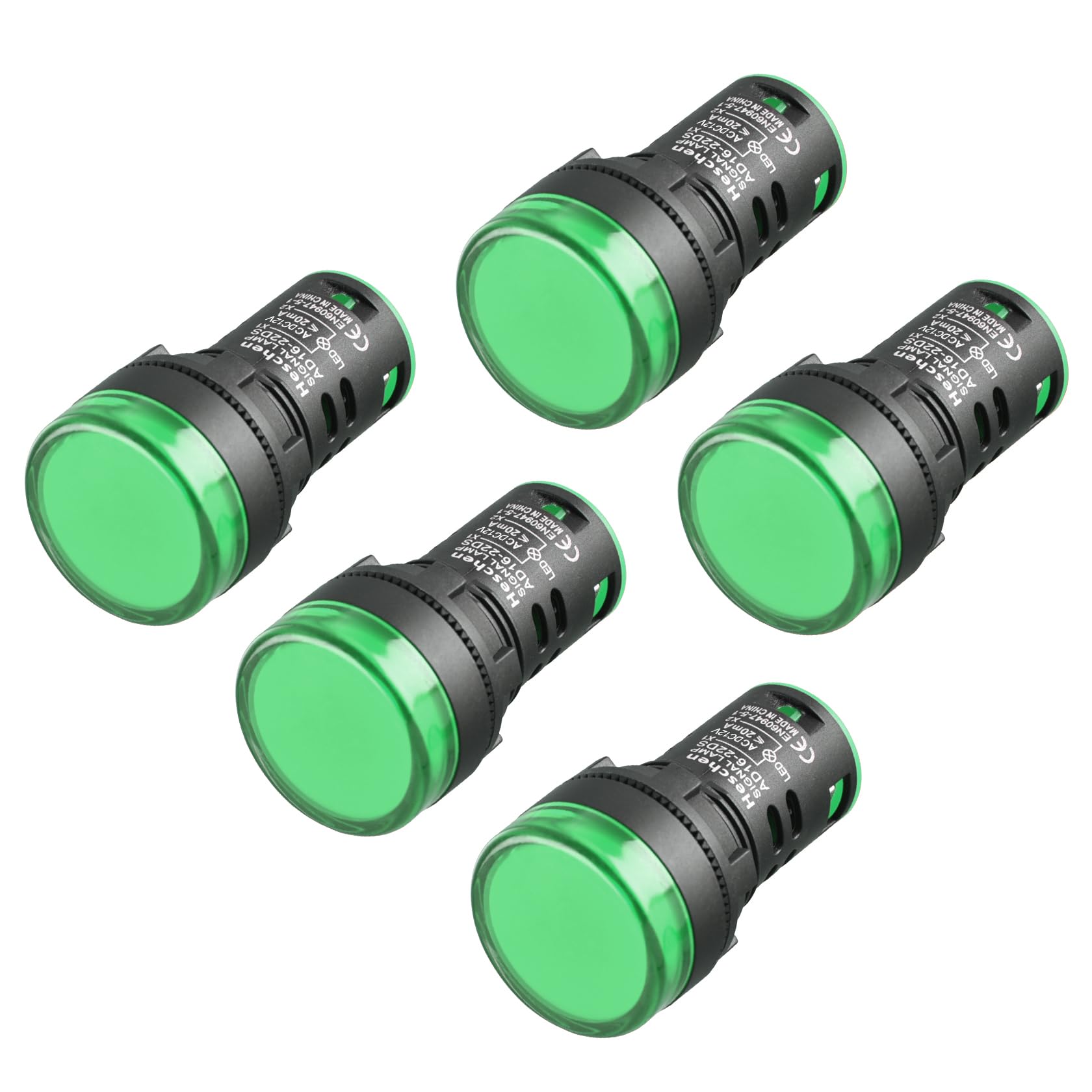 Heschen Green 22Mm Led Indicator Pilot Light, Ad16-22D/S, 12Vdc 20Ma, Light Colour, 5Pack