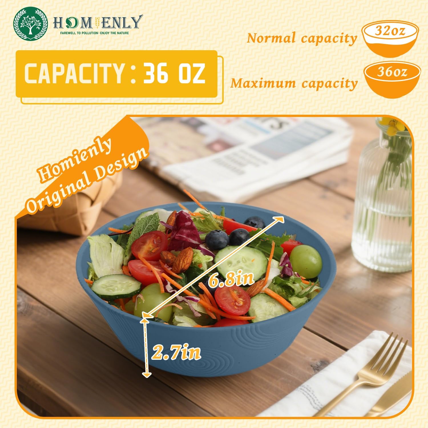 Homienly Wheat Straw Bowls, Unbreakable Soup Bowls Set of 6, Alternatives Plastic Bowls Microwave Safe, Dishwasher Safe Stackable 36oz Large Cereal Bowl for Kitchen, Camping, Serving (Navy Blue) - Image 2