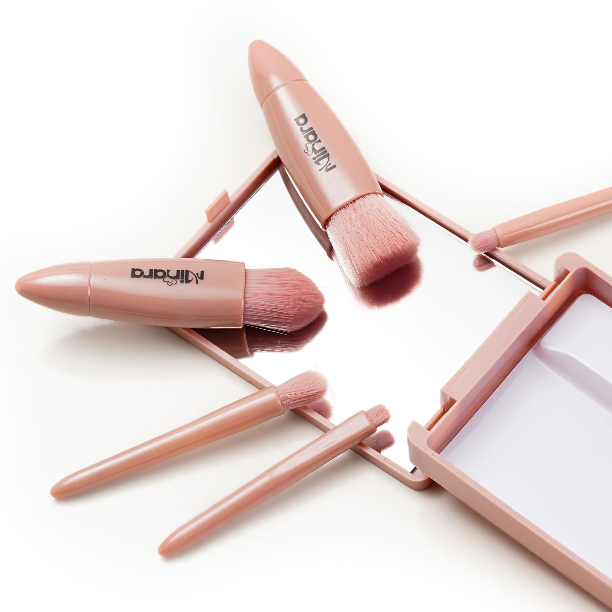 Minara Travel Friendly Makeup Brush Applicator Set Of 5 Box With Mirror (Nude) | Makeup Pouch For Women | Stylish Makeup Brush Set |