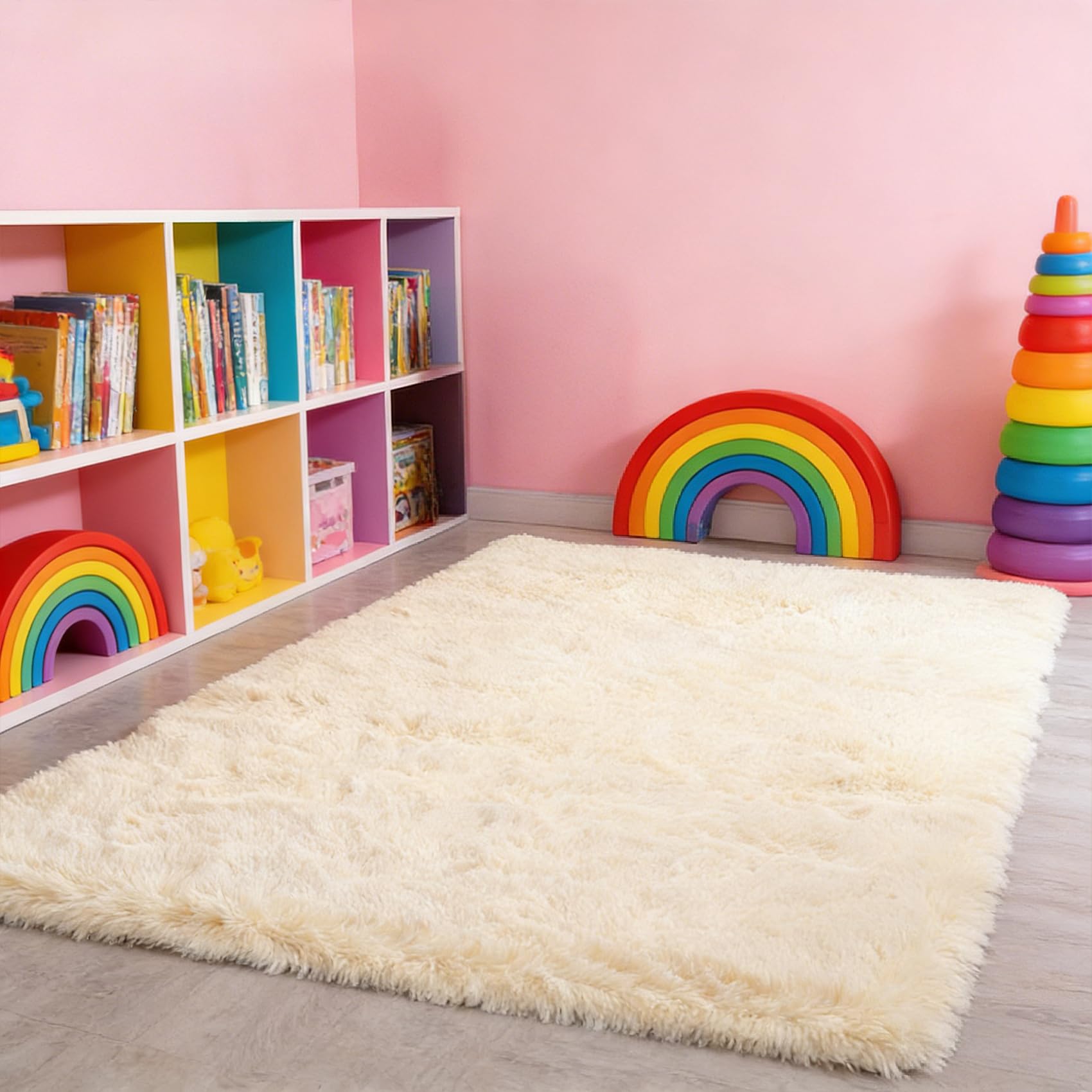 Tapis de salon shaggy 250x250 cm design crème premium