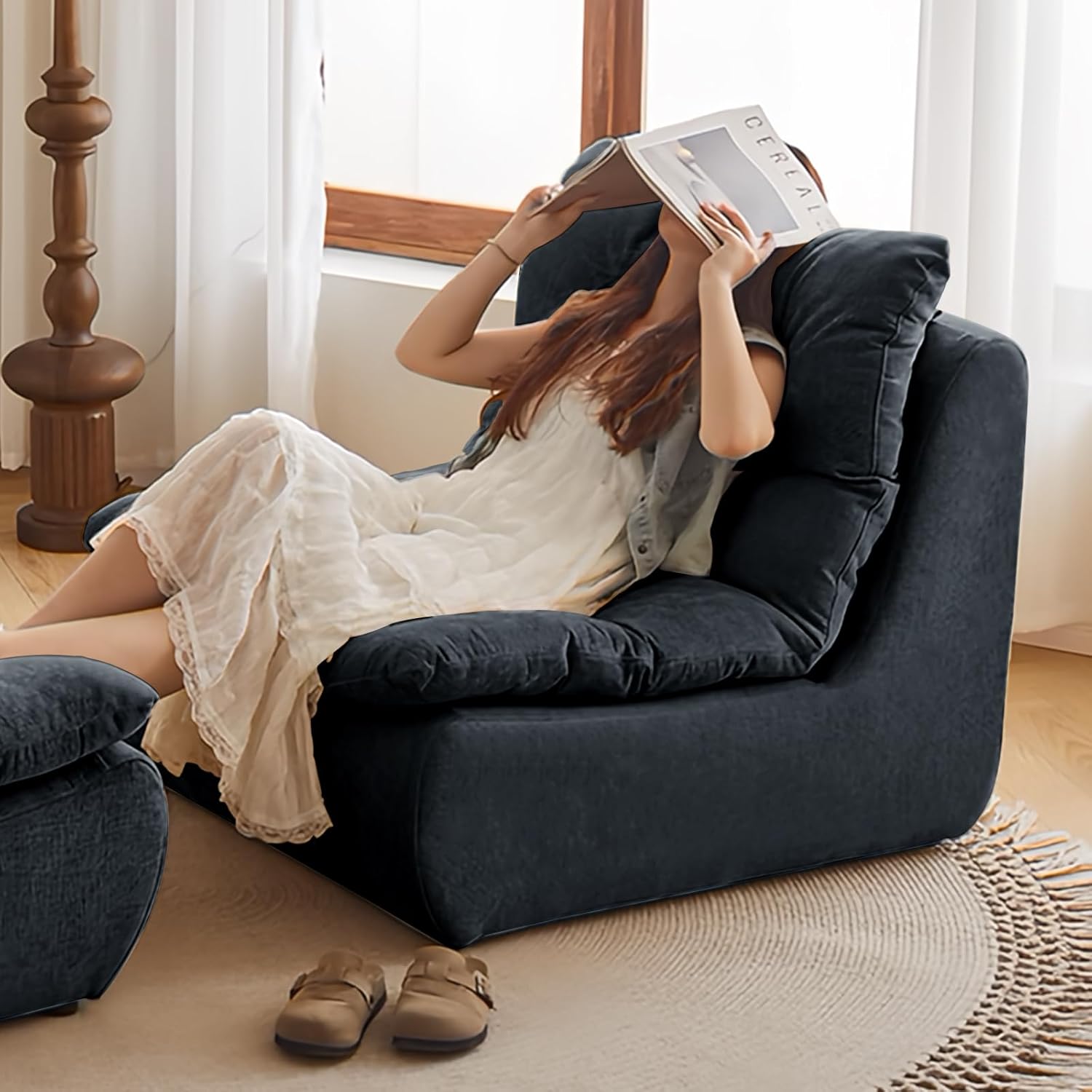 Bean Bag Chair, Fireside Sofa, Armless Compression Sofa for Adults,Small Space Floor Chair for Living Room, Bedroom, Office, Dorm, Apartment (Black)