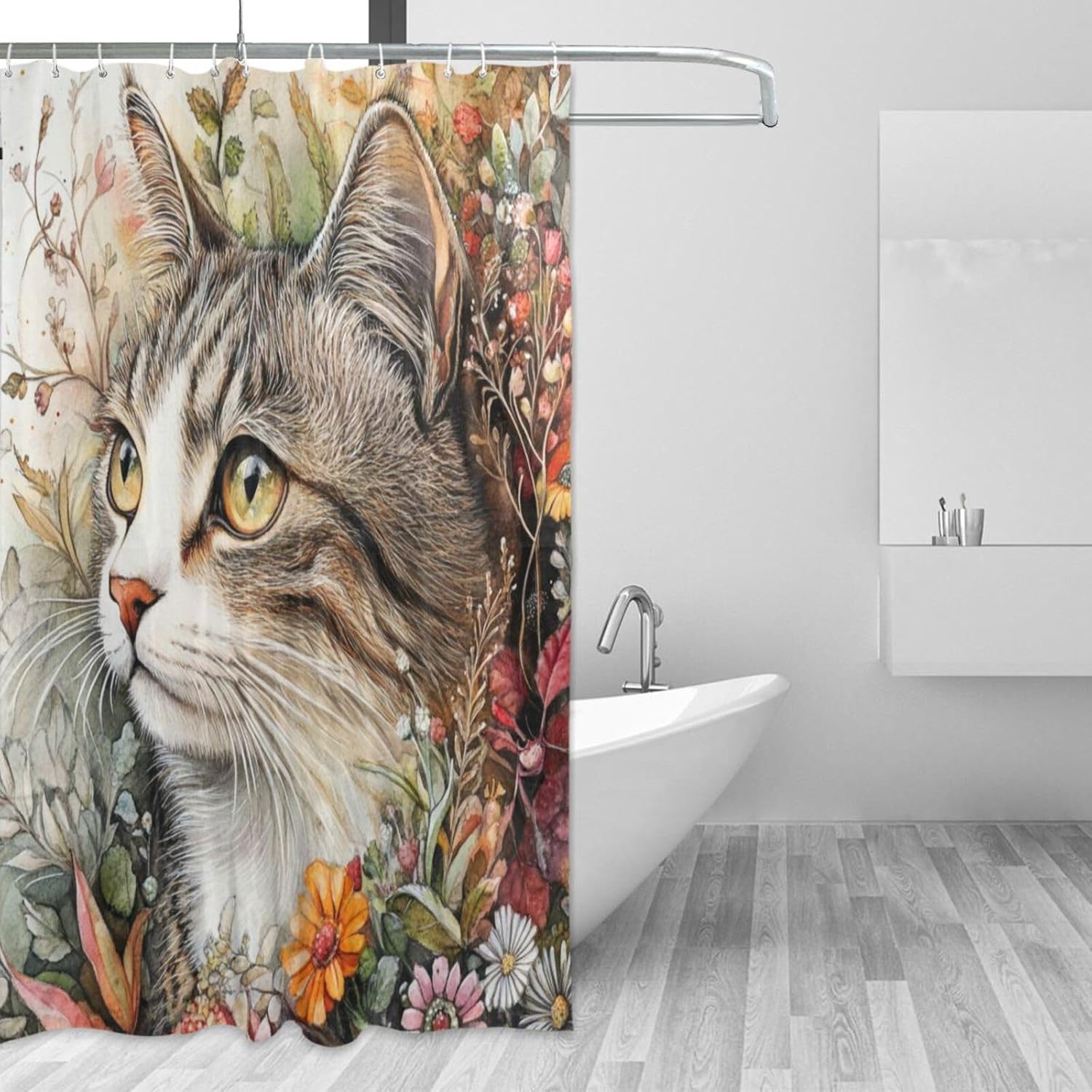 72x72 Inch Shower Water Proof Shower Curtain Decorative with Stuff Machine Washable Chic Curtain Liner for Master Bathroom Art Watercolor Painting Cat Flower