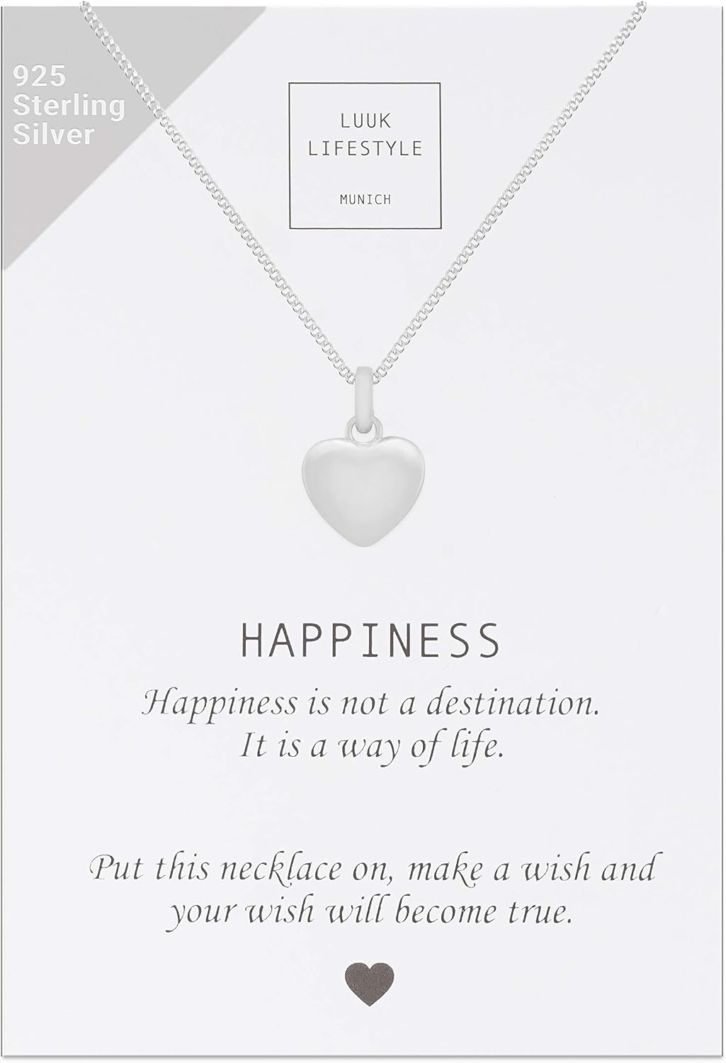 LUUK LIFESTYLE 925 Sterling Silver Pendant Necklace for Women Waterproof 50cm Chain Modern Necklace Gift for Her Silver Heart