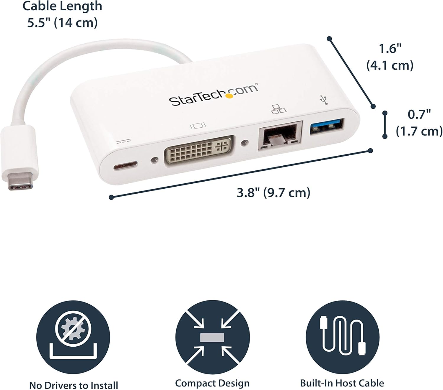 StarTech.com USB C Multiport Adapter - USB-C to DVI-D (Digital) Video Adapter with 60W Power Delivery Passthrough Charging, GbE, USB-A - Portable USB Type-C/Thunderbolt 3 Mini Laptop Dock (DKT30CDVPD)