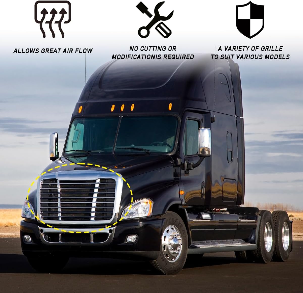 Front Hood Radiator Grille With Bug Screen Compatible With 2008-2017 Freightliner CASCADIA Bug Screen Front Grill ABS Plastic ((Chrome (Silver)) with Bug Screen)