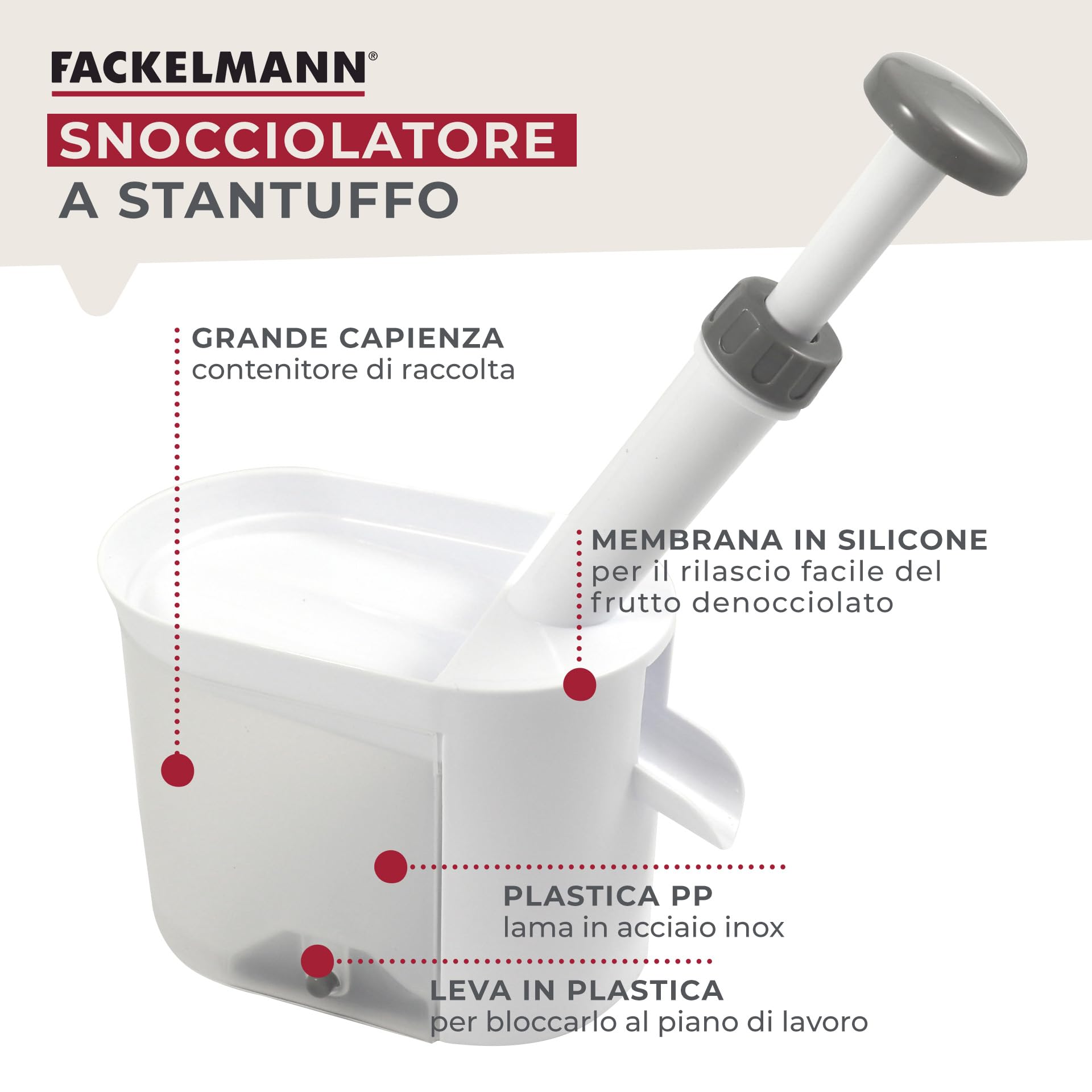Fackelmann Denocciolatore a Stantuffo per Ciliegie e Olive 28,8x16 cm, in Plastica Alimentare Completamente smontabile adatto per Snocciolare Ciliegie, Amarene ed Olive