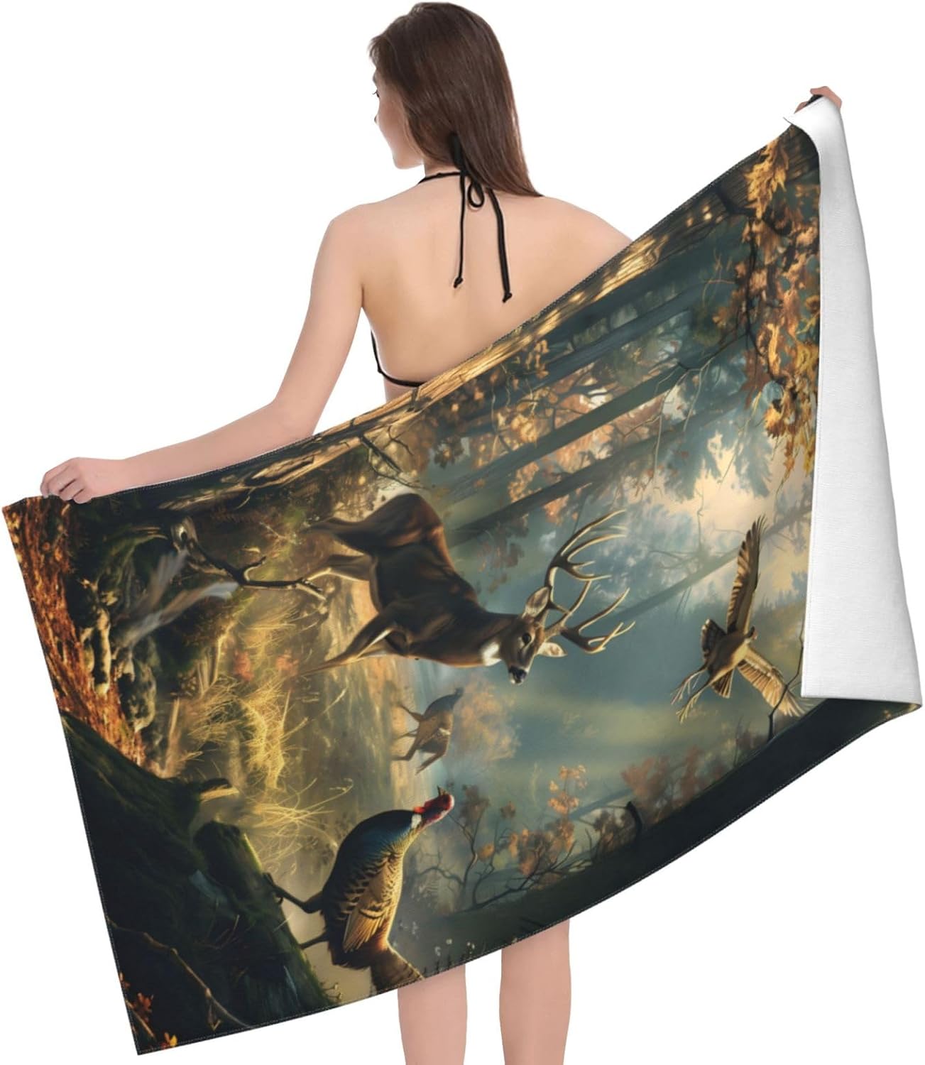 Forest Wildlife Beach Towel 31inx51in, Deer Sand-Free Microfiber Bath Towel Ultra Soft Quick Dry Pool Towel Absorbent Towel Lightweight Towel for Swimming Bathroom Decor
