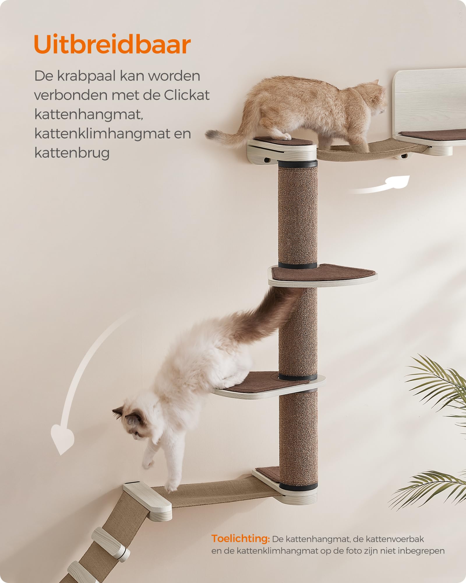 Feandrea Clickat Collectie – nr. 006 krabpaal voor katten, supersnelle montage, onbeperkte rekbaarheid, verwisselbare onderdelen, wandkrabpaal, hoogte 101 cm, 10,5 cm, met 2 platforms