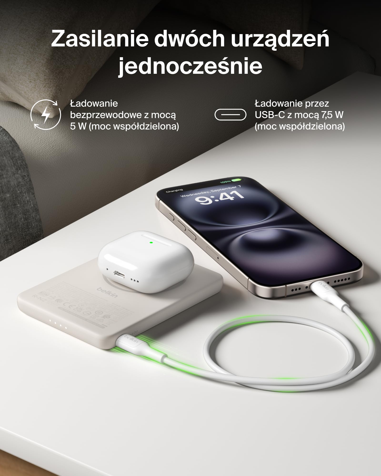 Belkin BoostCharge Magnetyczny Powerbank 5000 mAh z Pierścieniem – Piaskowy | Powerbank Bezprzewodowy 5000 mAh, Pierścień Magnetyczny do Akcesoriów, Port USB-C, Wstępnie Naładowany, Kabel w Zestawie