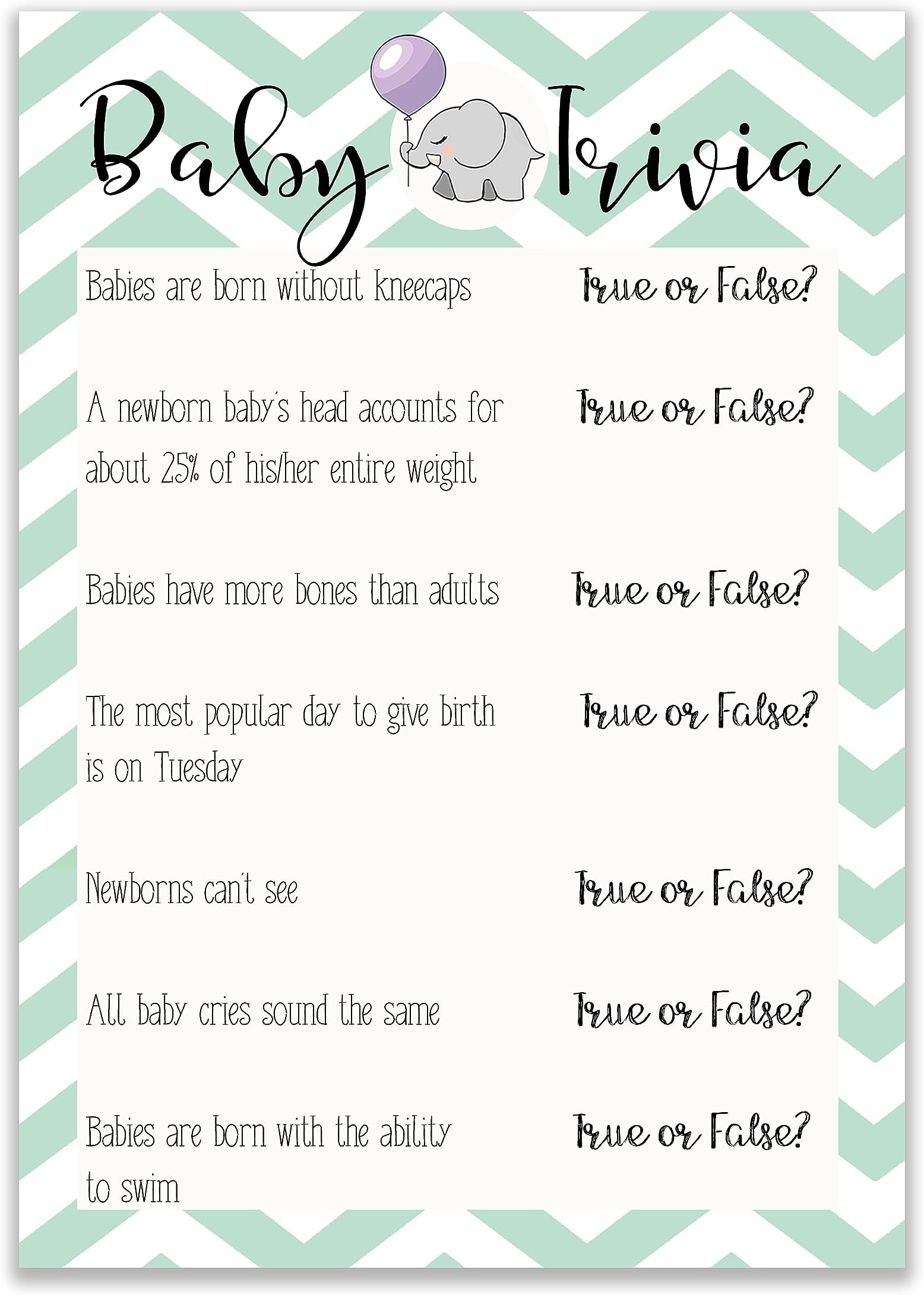 The Little Party Company Baby Shower General Knowledge/Trivia Chevron Cards - 15 Pack Cute Elephant Design