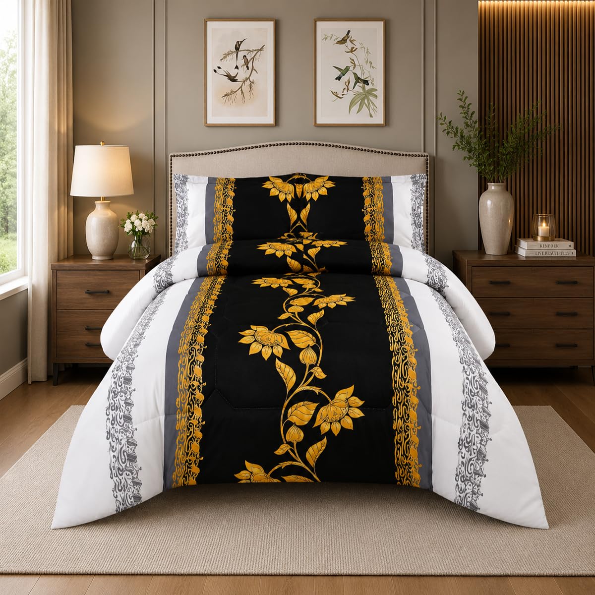 Trendy Printed King Bedspread Black with Matching Pillow Shams Microfiber Front and Reverse 300GSM Polyester Filling Ideal Bed Throw for All Seasons