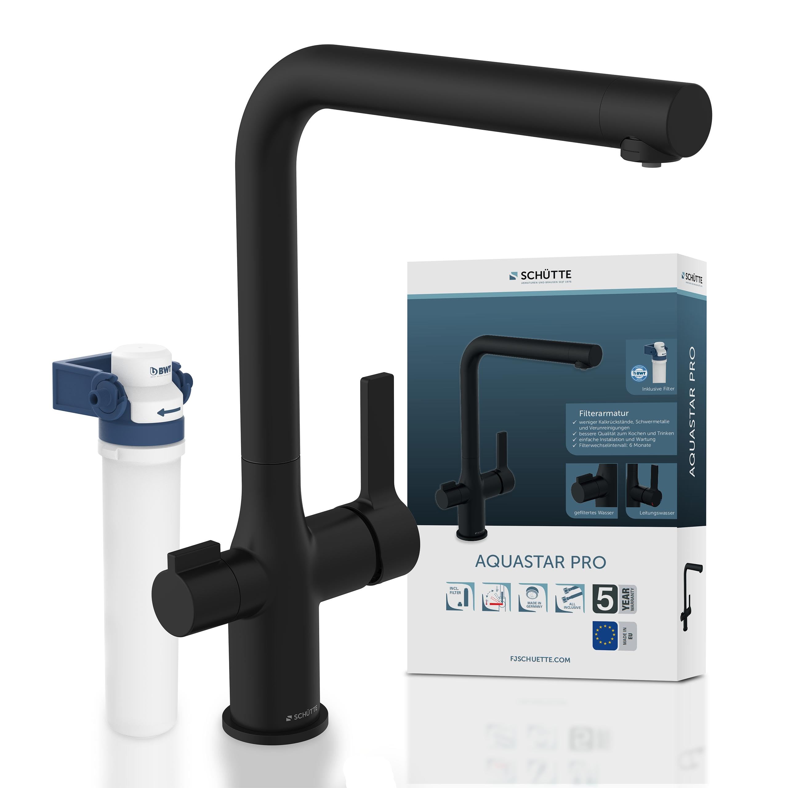 SCHÜTTE AQUASTAR PRO 99860 - Rubinetto da cucina con sistema di filtraggio, rubinetto da cucina a 3 vie, con filtro per l'acqua contro residui di calcare e metalli pesanti, colore: Nero