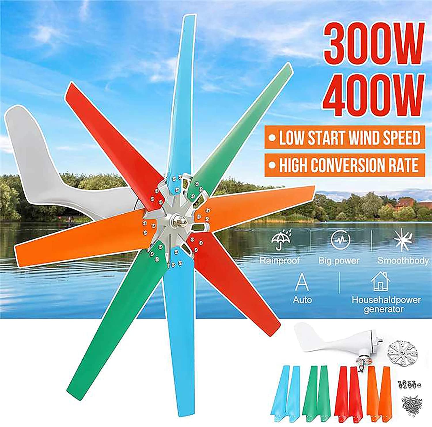 Generador de Viento Horizontal Generador de turbinas de Viento 24V 8 Cuchillas Molino de Viento Carga de turbinas de energía para el hogar Camping Controlador Incorporado, 400w (300w)
