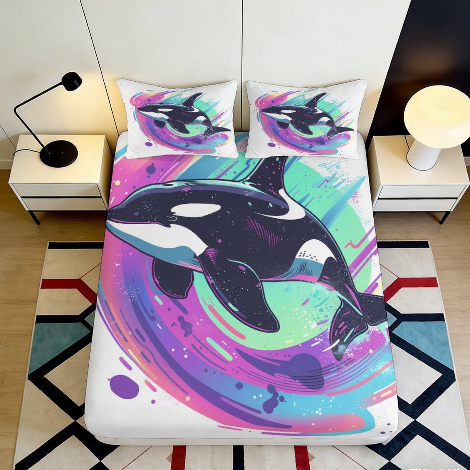 Jqzkxnhpbr Style-4 3D Printed Orca Ocean Fitted Sheet Microfiber Soft Anti-Slip Mattress Cover For Bedroom Guest Room Decor 90X200x25cm