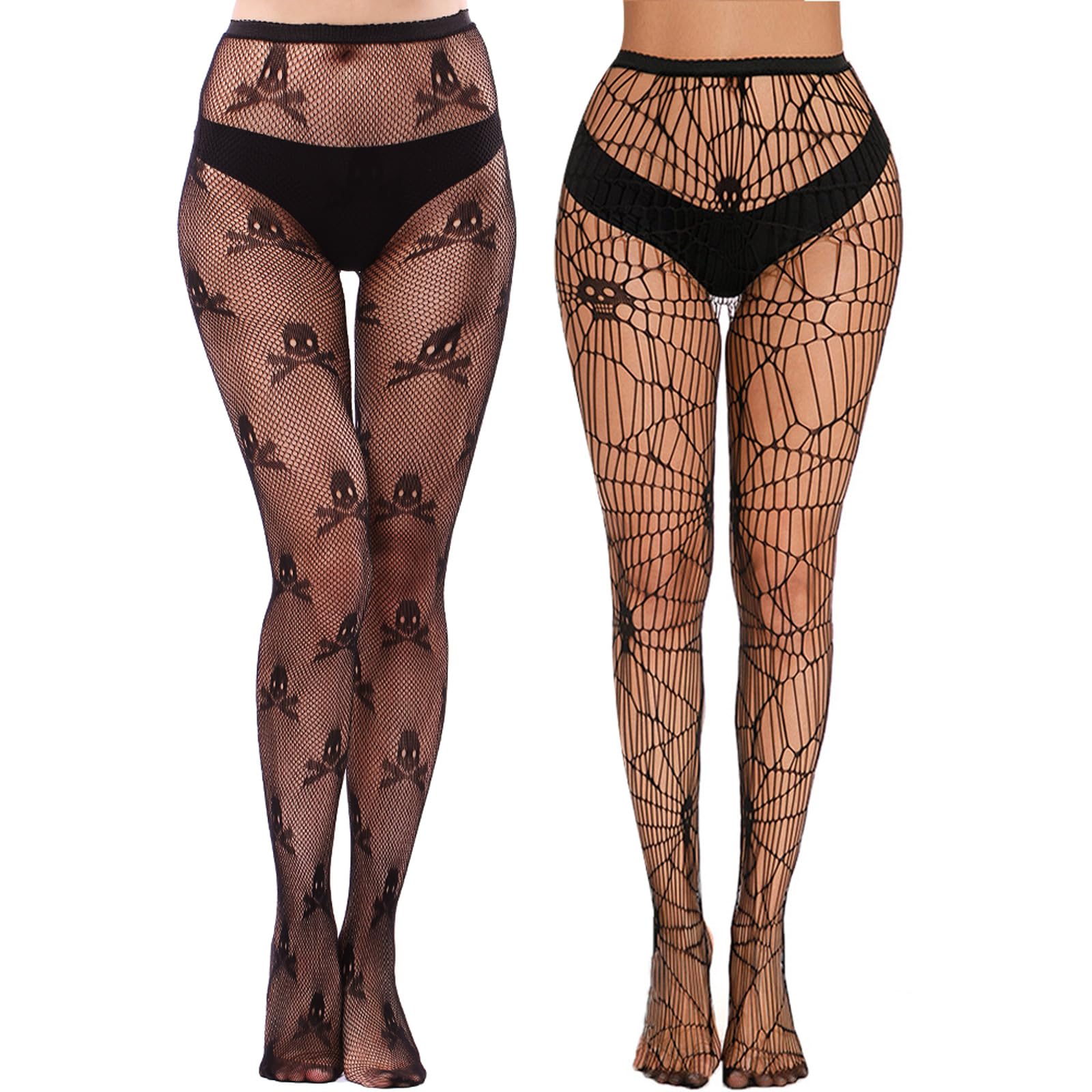 DRESHOW 6 Pack Fishnet Garter Belt Stocking Suspender Pantyhose Tights Thigh High Pantyhose: 2 Pairs With Skulls: Small Grid, Spiderweb Cutout