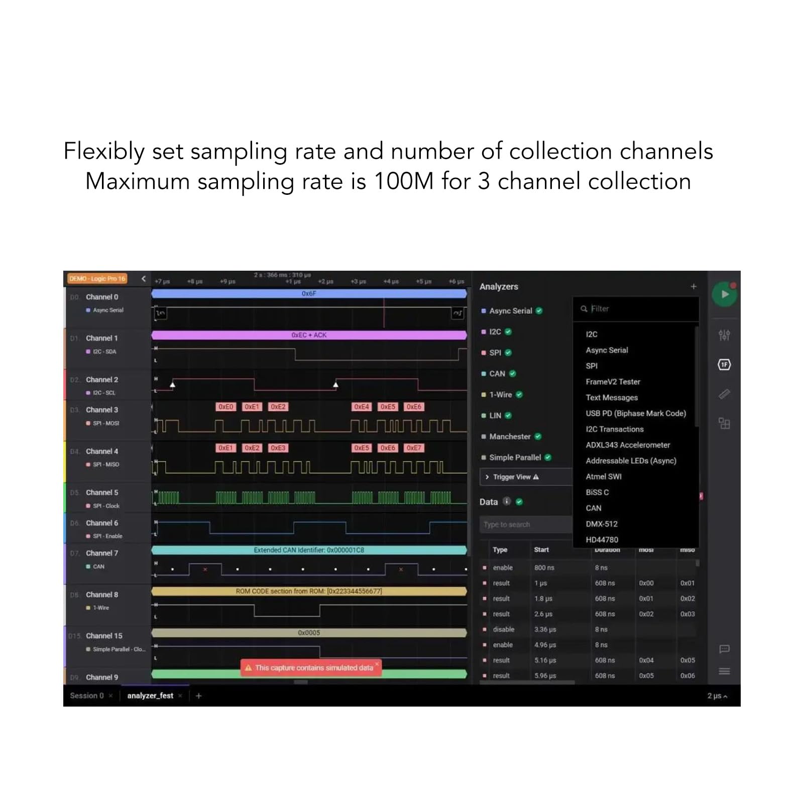 16 Kanal 100 M Maximale Stichprobenrate USB -Logikanalysator für Logic2 Software Support Protocol Parsing Parameter Einstellung