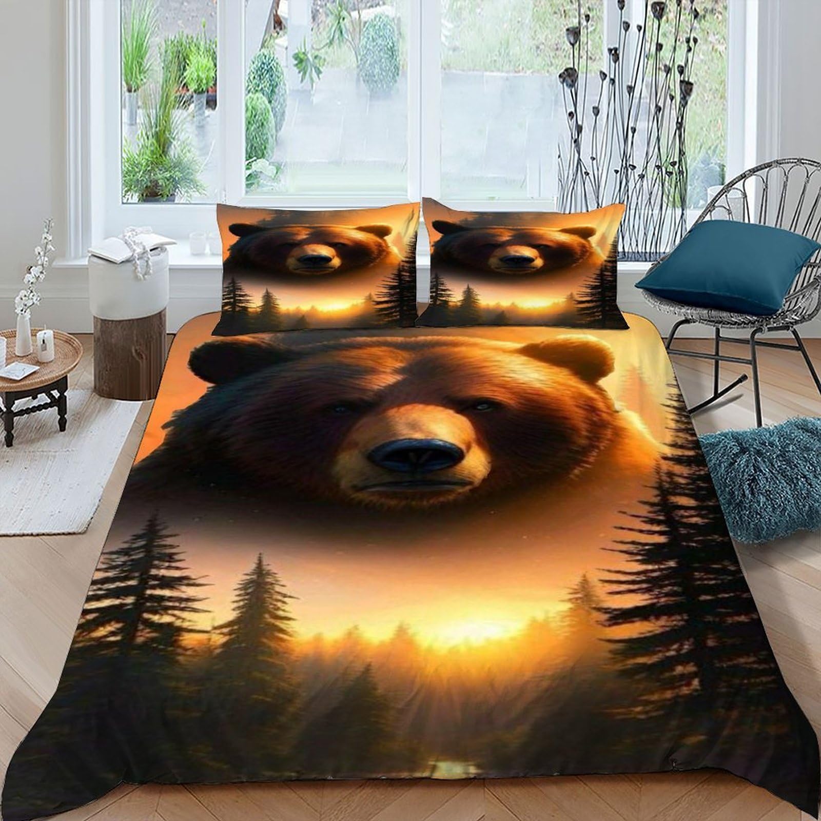 Bear Forest Bedding Set Theme Bedspread Animal Theme Duvet Cover Set Microfiber Comforter Cover Universal for All Seasons Pillowcase King（220x240cm）