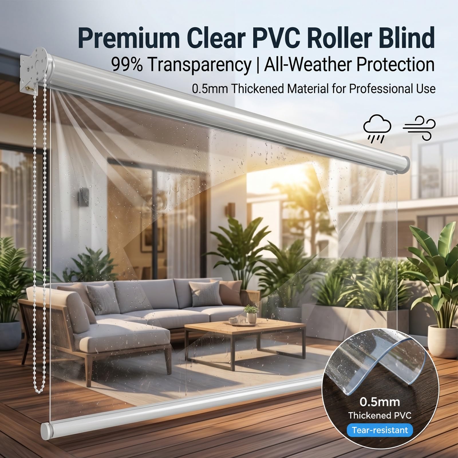 Tenda a rullo in PVC trasparente spesso 0,5 mm, antivento