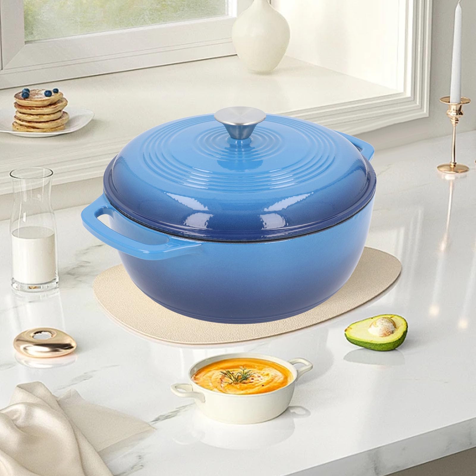 Pentola In Ghisa Smaltata Blu 4L - Rostiera Rotonda Con Coperchio Per Forno E Induzione