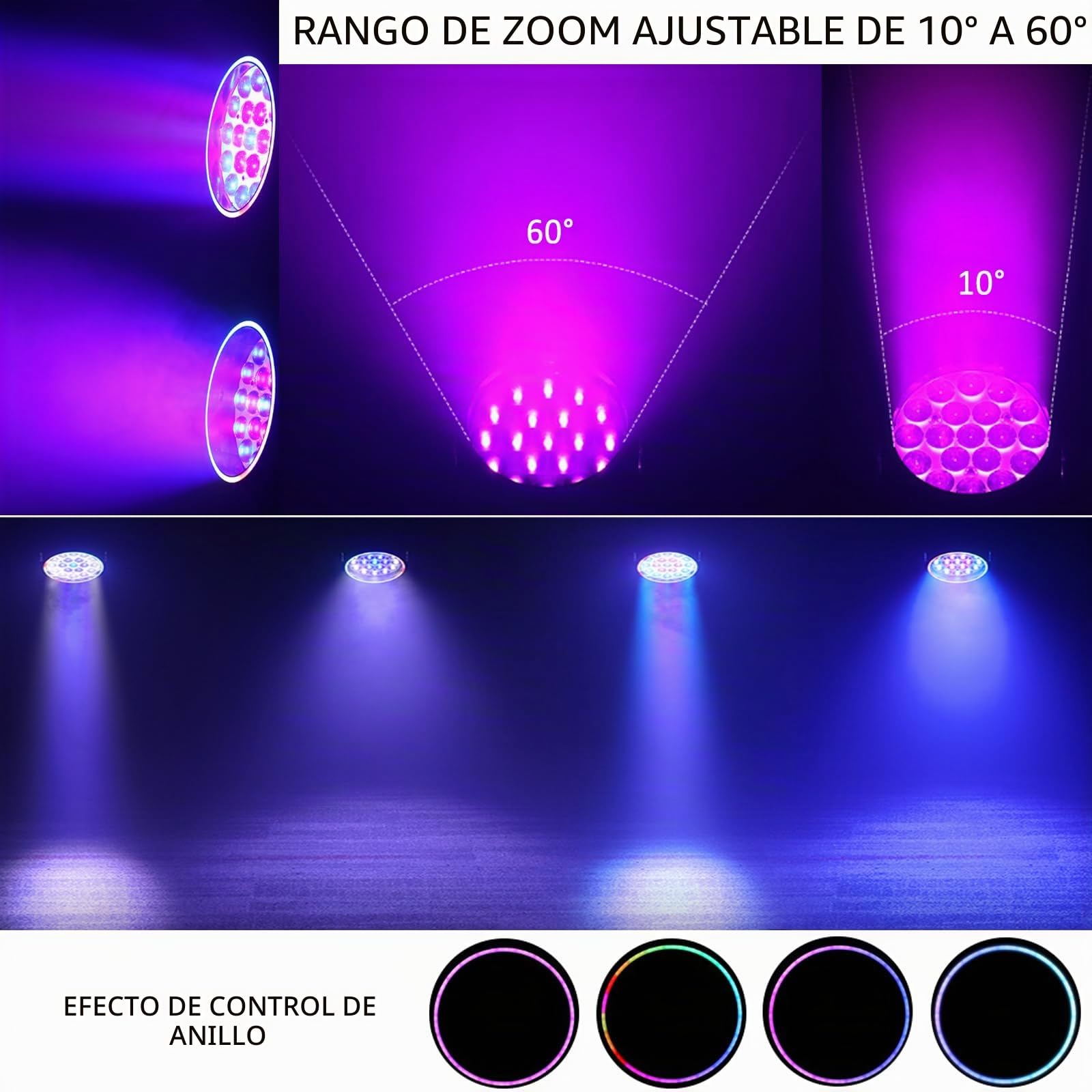 Proyector de escenario profesional de cabeza móvil, 19 LED RGBW 15W, 17/25 canales con zoom, control DMX 512, operación automática, activación de sonido, efecto Wash & Beam para fiesta (1 paquete)
