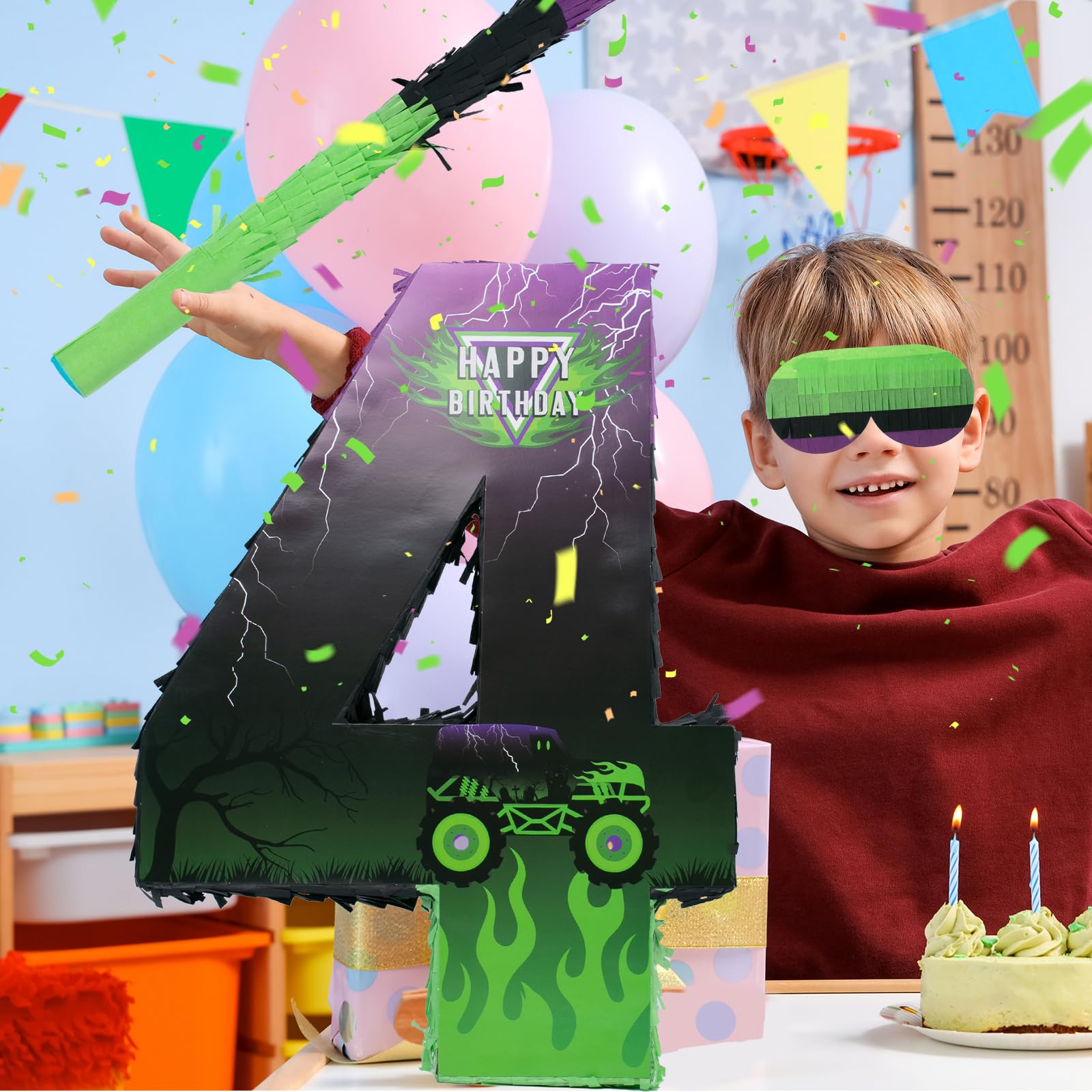 Piñata de camión – Paquete de piñata Monster Truck con venda para los ojos y murciélago para decoración de fiesta temática de piñata, piñata de coche genial para fiesta de cumpleaños, carnaval