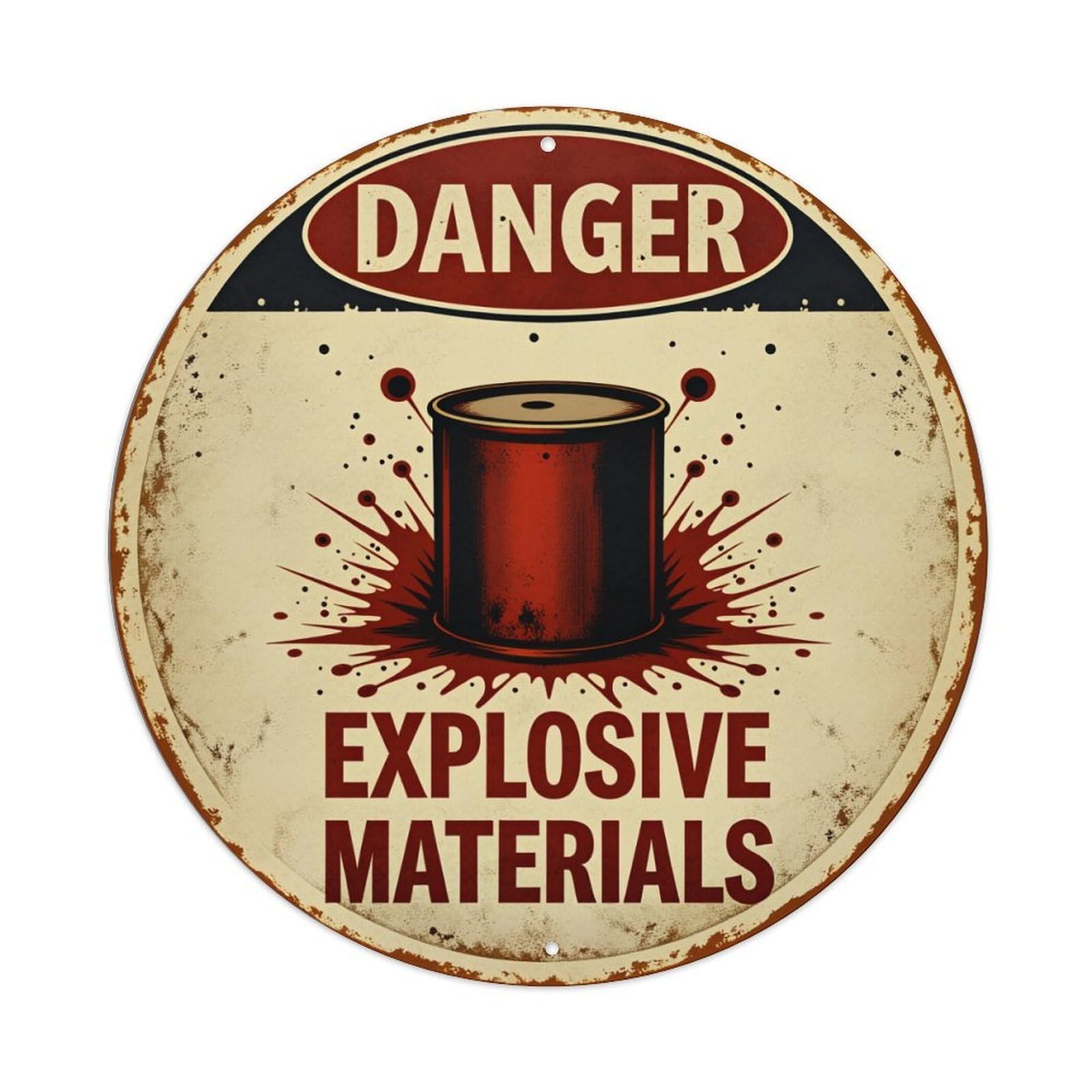 Danger Explosive Materials Sign Warning Round Tin Sign Vintage Style Metal Sign Home Bar Garden Wall Plaque Decor Metal Poster 8x8 Inch