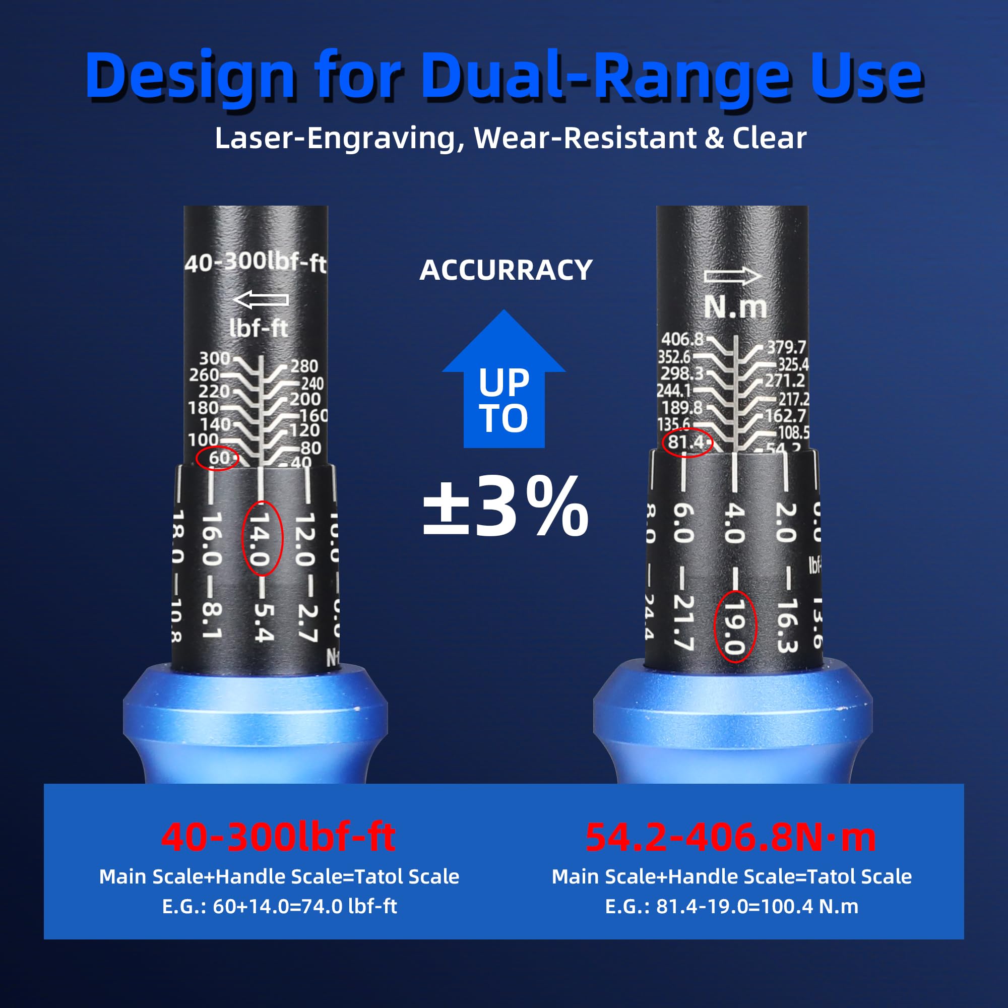Llave dinamométrica de clic de 1/2 pulgada, llave dinamométrica profesional de doble dirección de 25-250 pies. LB/33.9-339N.M, escalas de doble rango graduadas en FT.LB y N.M, azul