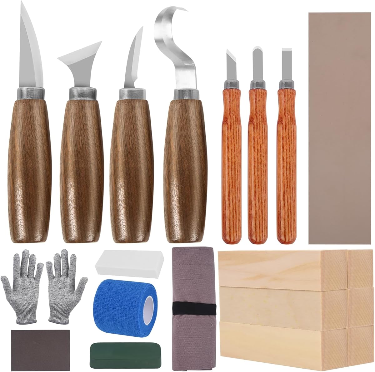 Wood Carving Kit, Wood Carving Tools Set with Wood Carving Knives Detail Knives Blocks Gloves Whittling Kit for Beginners Adults Kids Woodworking Tools for Spoon, Bowl, Kuksa Cup (26PCS)