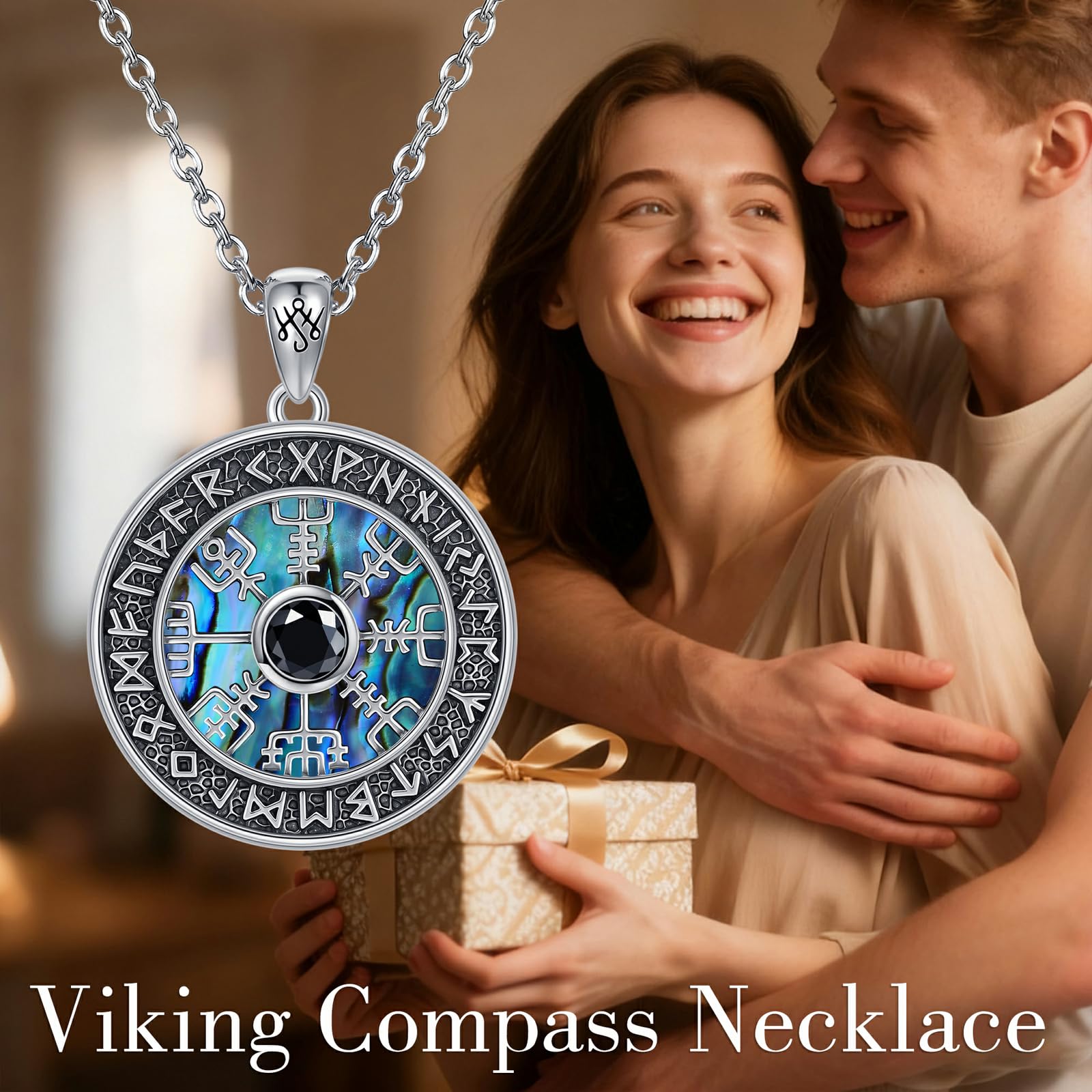 JERWLI Wikinger-Kompass-Halskette aus 925 Sterling Silber, Runen Vegvisir-Anhänger-Halskette, Schmuckgeschenk zum Muttertag für Frauen und Mütter.