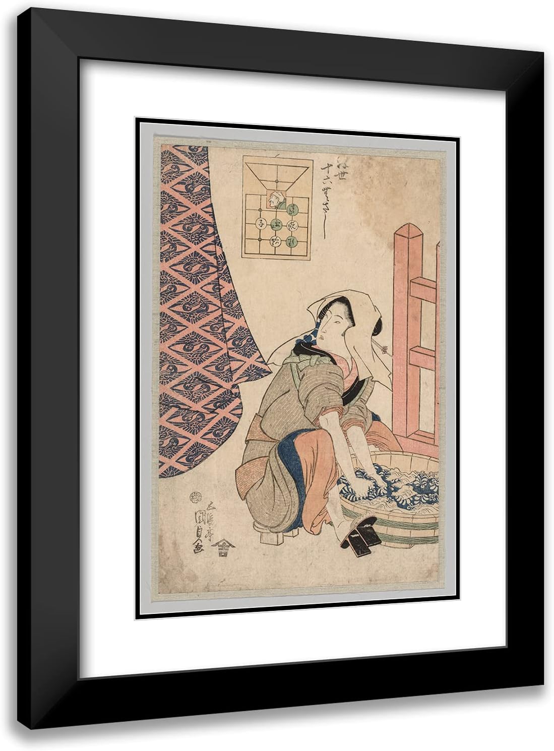 ArtDirect Utagawa Kunisada (Toyokuni III) 14x18 Black Modern Frame and Double Matted Museum Art Print Titled - Seated Woman Washing Clothes in a Wooden Tub (1786-1864)