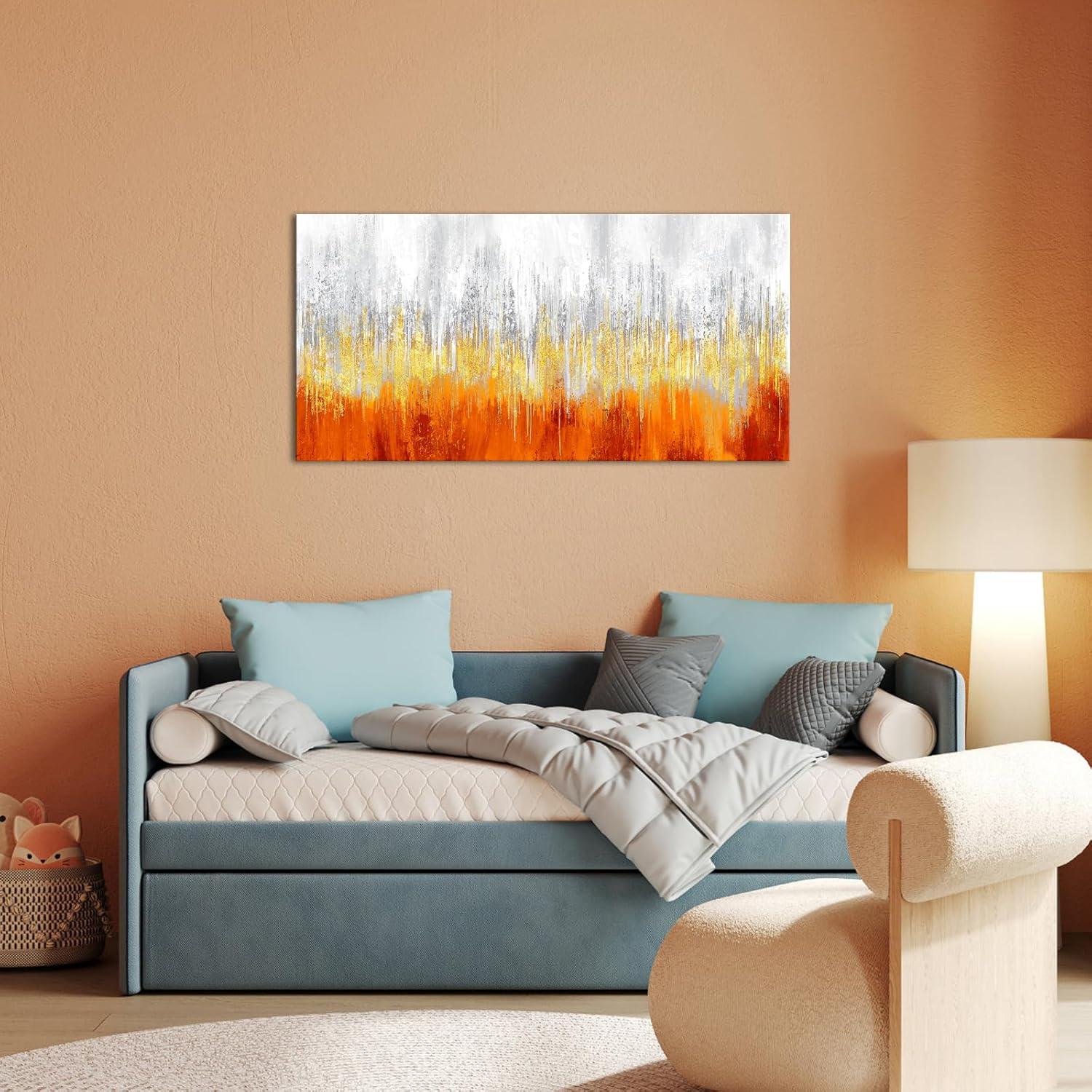 iKNOW FOTO Modern Abstract Canvas Wall Art Gold and Orange Painting Prints with Gold Foil Accents Artwork for Living Room Bedroom Stretched and Framed Wall Decor Ready to Hang 20x40 Inches