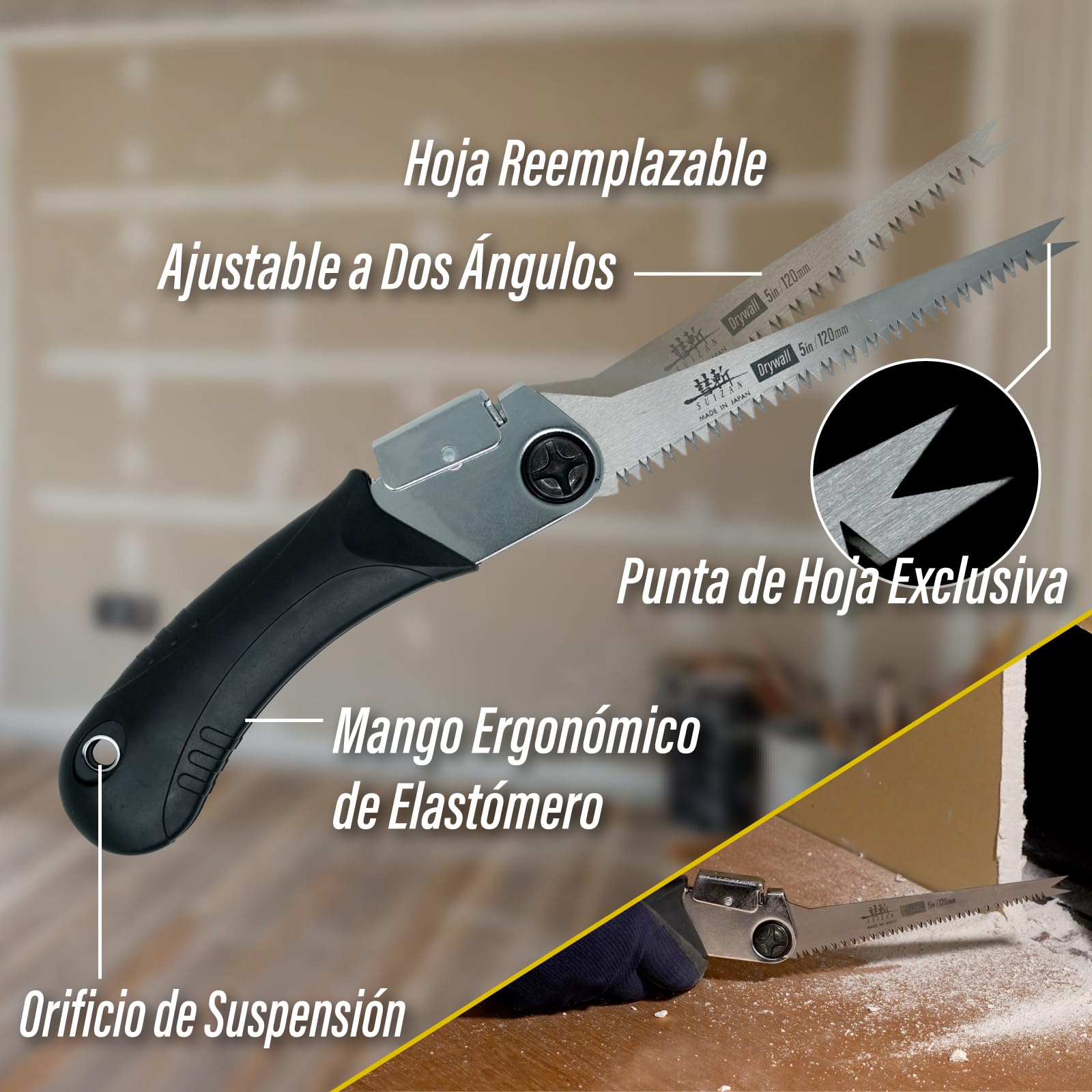 SUIZAN Serrucho de punta plegable placas de yeso 120mm - Sierra japonesa | Profesional Herramientas reforma Pladur cartón tabique enchufe caja agujero a empuje compacto Bricolaje portátil japonesas
