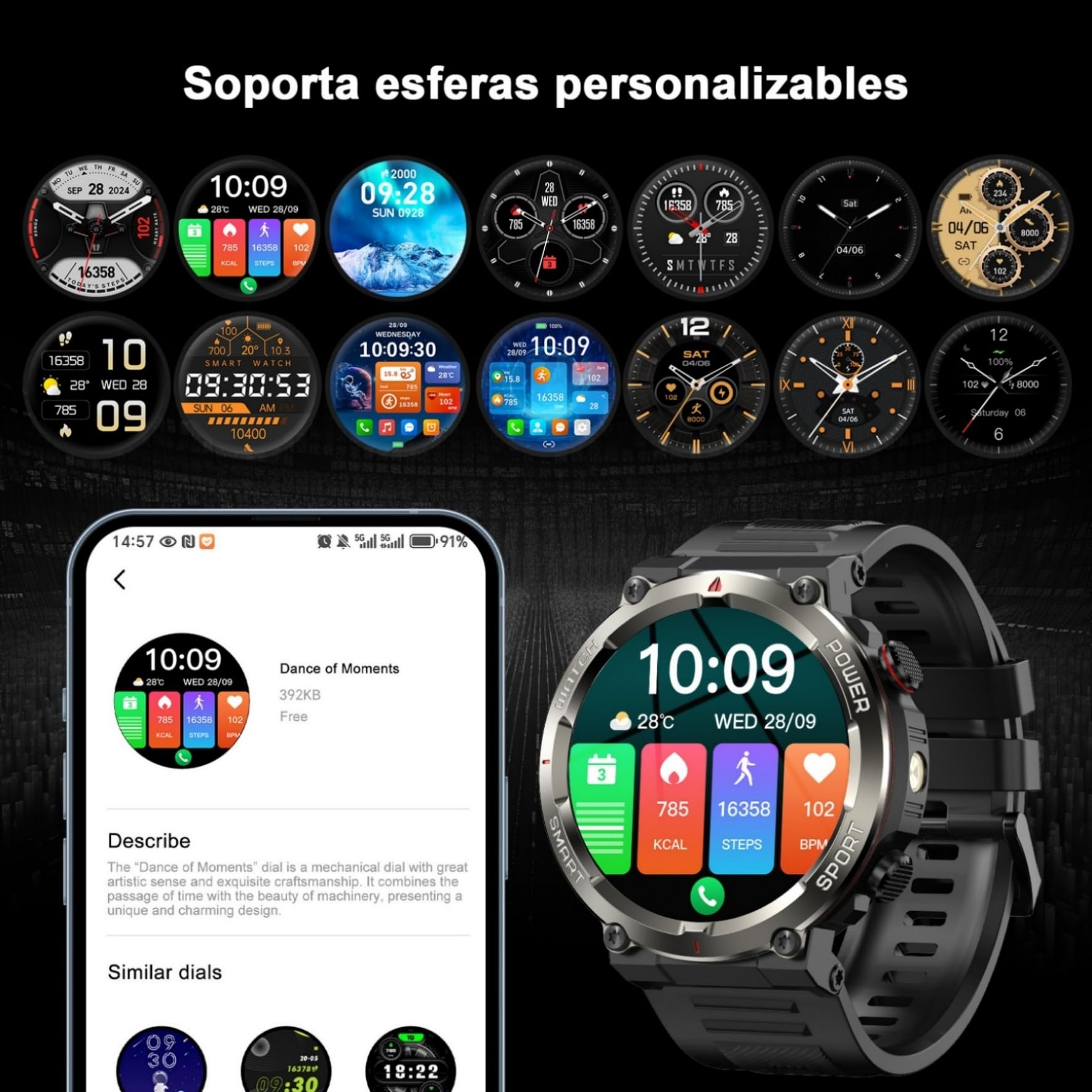 IOWODO Reloj Inteligente Hombre con Llamadas, 1.45" Militar Smartwatch con Linterna y Brújula, 960mAh Batería, 123 Modos Deporte, Monitor Cardíaco 24h/SpO2/Sueño, IP68, 2 Correas(iOS/Android)