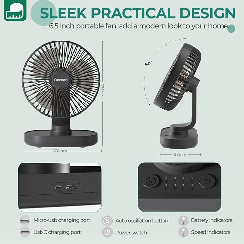 OCOOPA Ventilateur de table, ventilateur USB silencieux de voiture oscillant de 16 cm, 4 vitesses, système de refroidissement de table, batterie rechargeable par USB de 4000 mAh, pour maison, bureau - 7