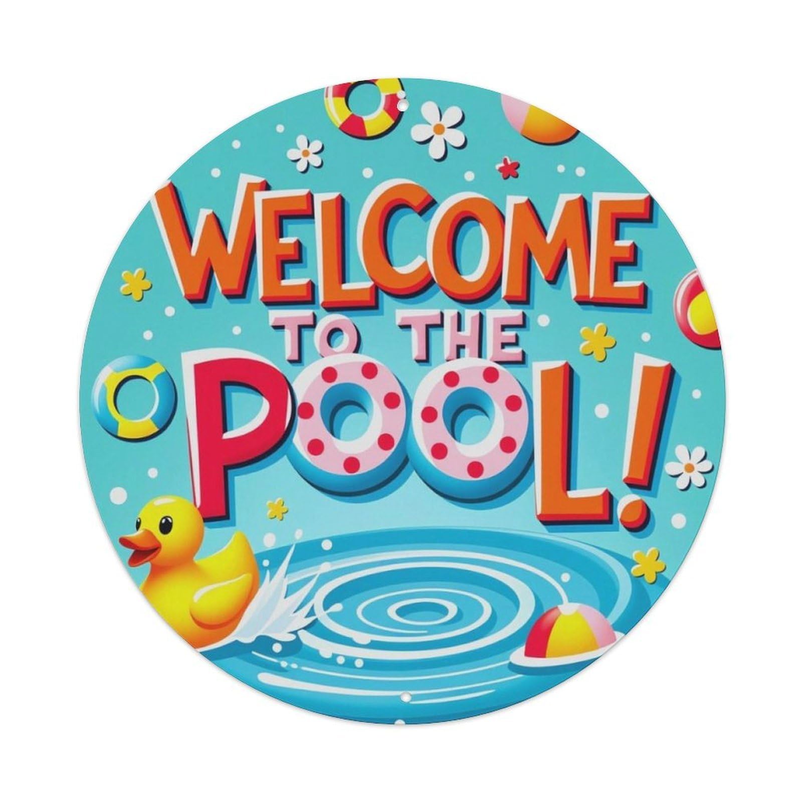 Summer Pool Rubber Duck Welcome Round Decor Sign Vintage Aluminium Metal Sign, Retro Wall Decor for Home, Bar, Garage & Farmhouse 20x20cm