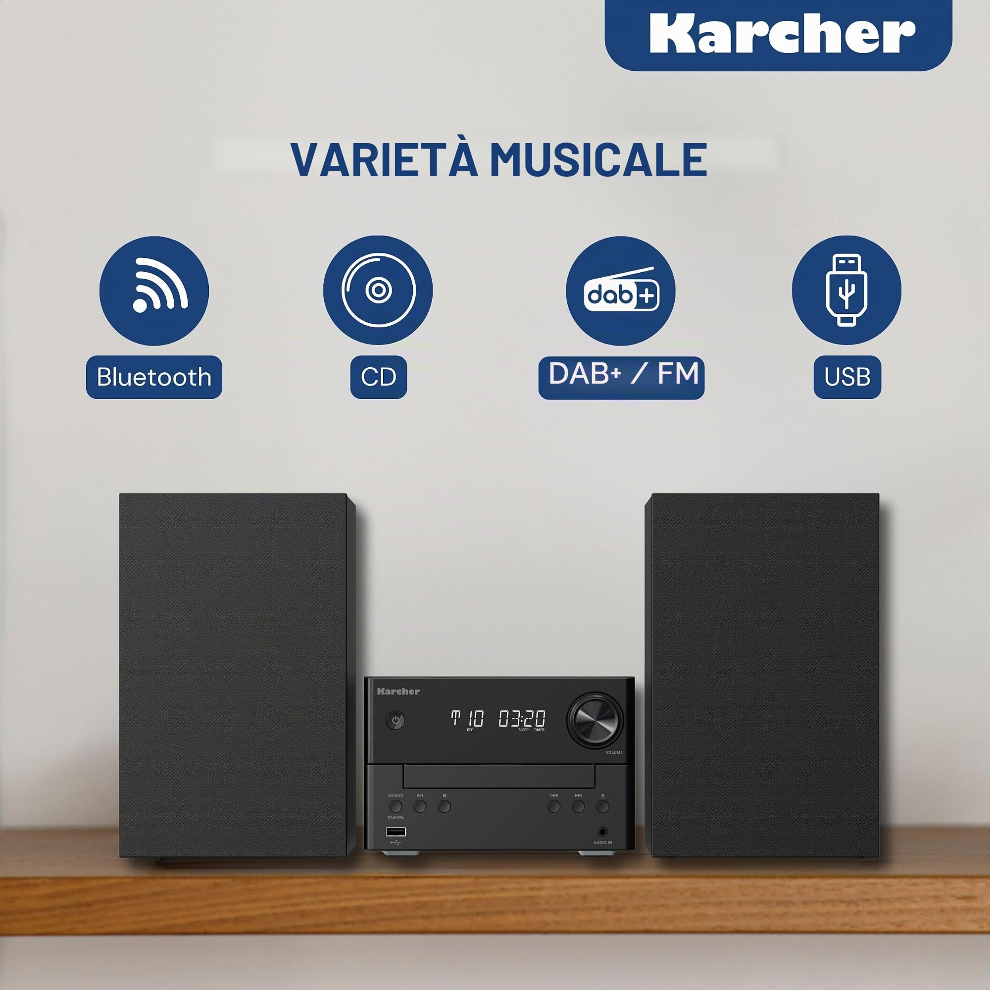 Karcher MC 6475D - Impianto stereo compatto con lettore CD, radio DAB+ / FM, Bluetooth 5.4, riproduzione MP3 tramite USB/AUX, centro musicale con 20 Watt RMS, sveglia e telecomando