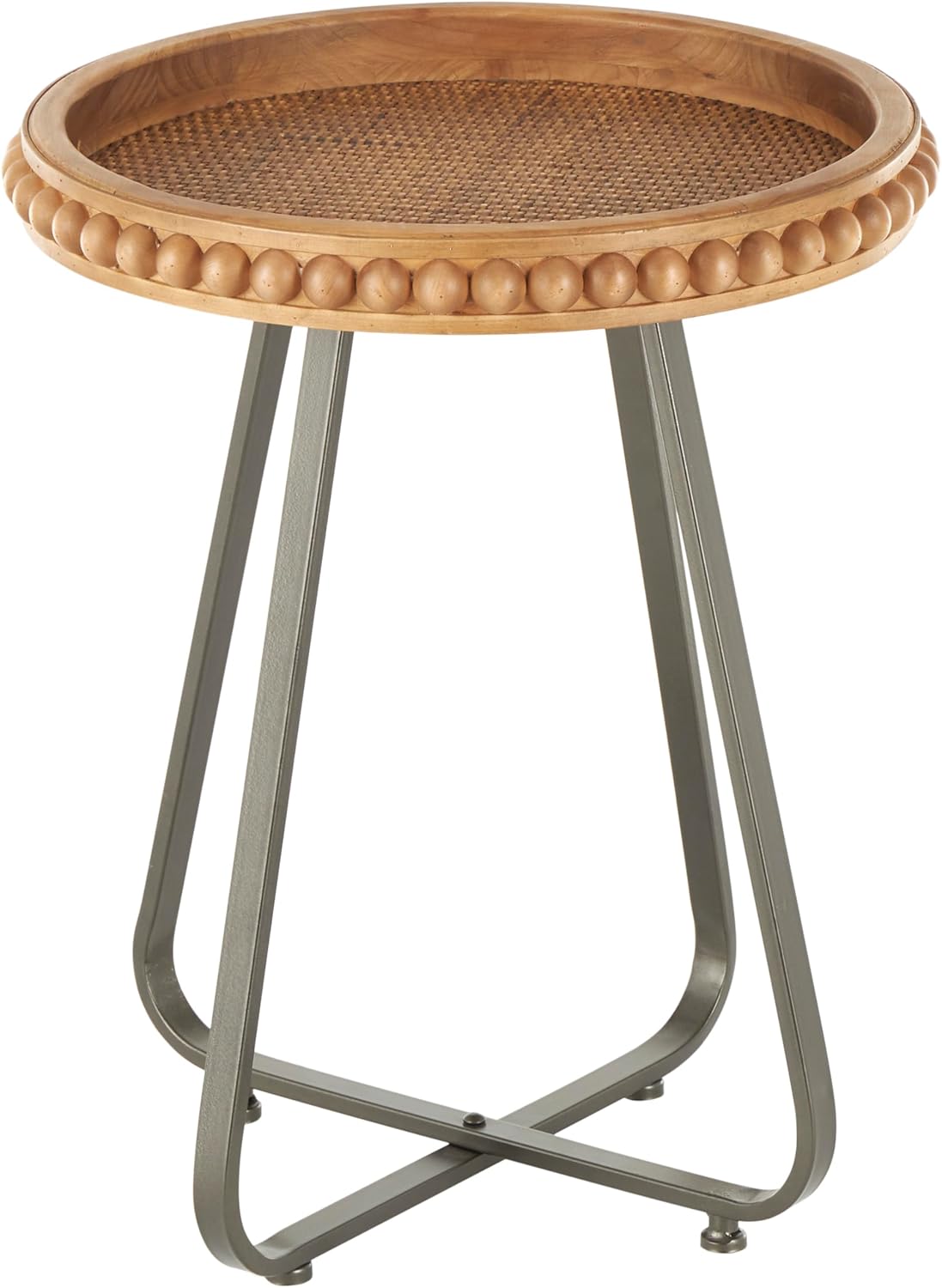 Deco 79 Wood Side End Accent Table Beaded End Table with Rounded Gray Metal Base and Rattan Accent, Side Table 17" x 17" x 21", Brown