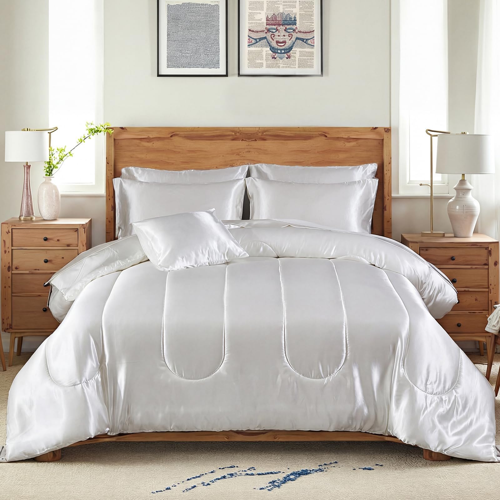 Bedding_Dreamer Silk Like White Comforter Set with Sheet Set King Size 8 Pieces Satin Bedding Set Silky Bed-in-a-Bag Luxury Hotel Soft Silky Comforter Set with 1 Cushion Cover Vegan Silky Bed Set