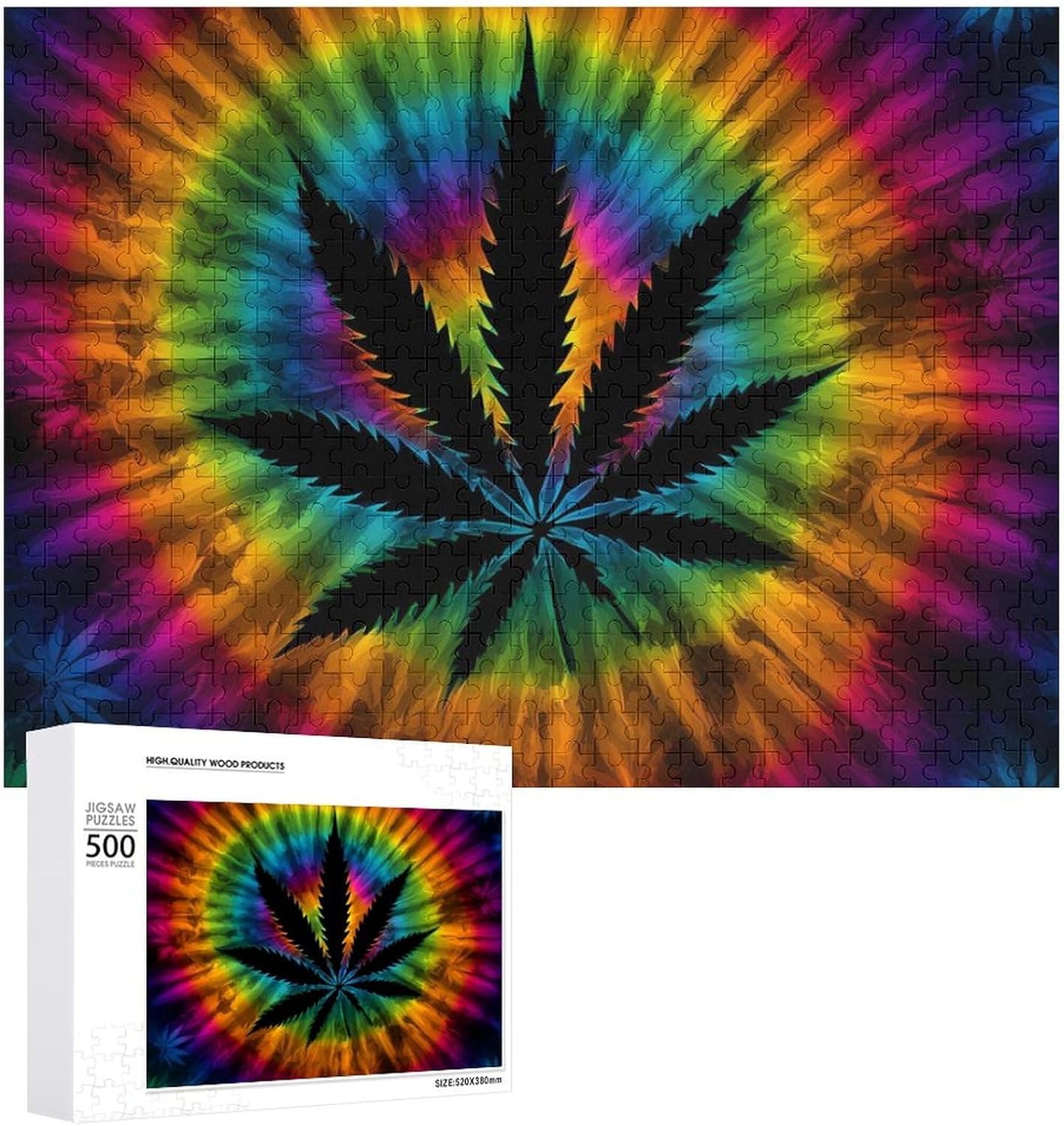 Tie Dye Weed Leaf Puzzles for Adults 500 PCS Wooden Jigsaw Puzzle Wall Decor Christmas