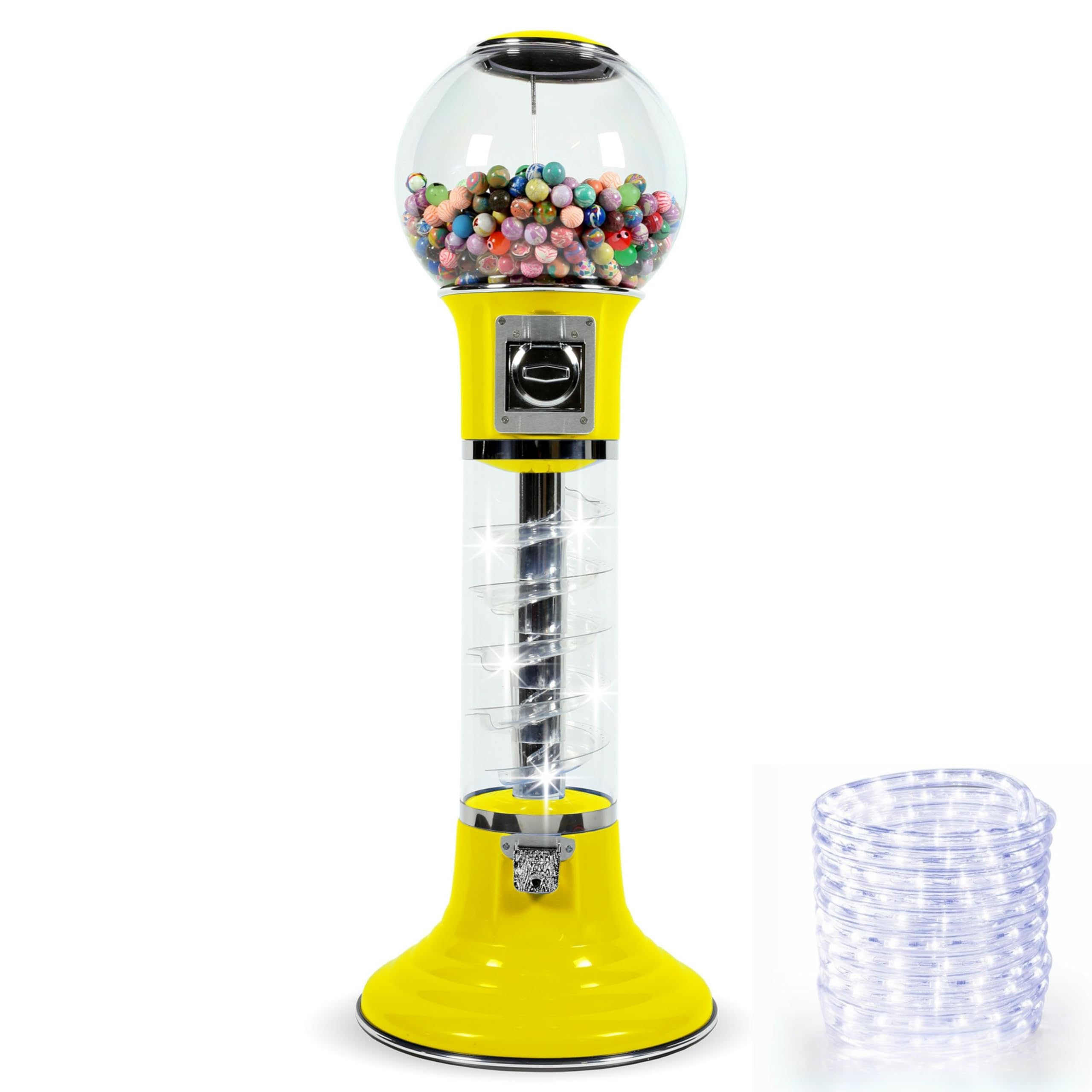 Gumball Machine with Stand & LED Light Rope - 4 FT Commercial Spiral Bubble Gum Machine - Coin Mechanism $0.25 Dispenses 1” Gumballs - Vending