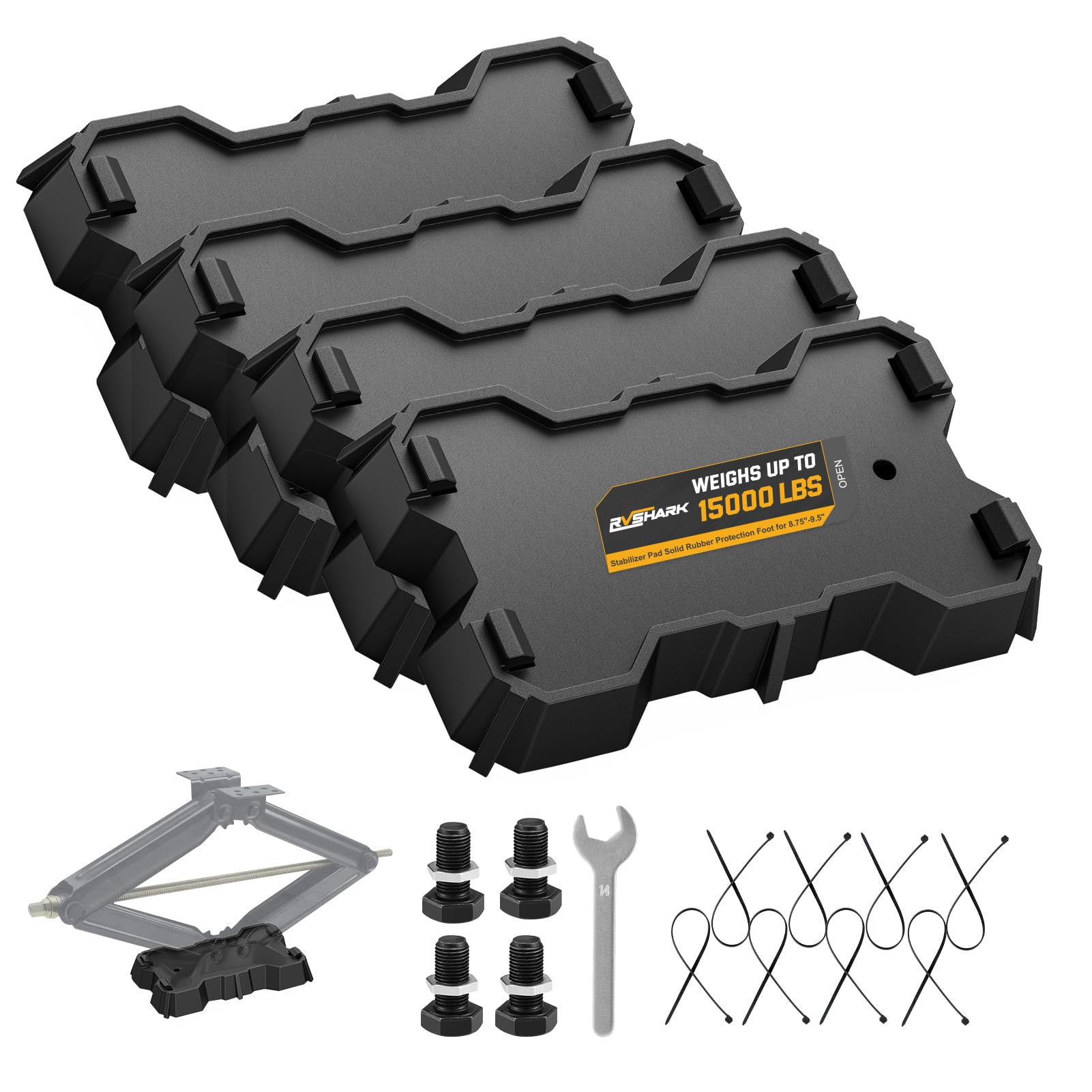 Photo 1 of RVSHARK 4 Packs RV Stabilizer Jack Pads, 15000 lbs Heavy Duty Leveling Blocks for 8.75"-9.5" Length RV Stabilizer Scissor Jack, Solid Non-Slip Rubber Durable Protection Foot for Uneven Ground